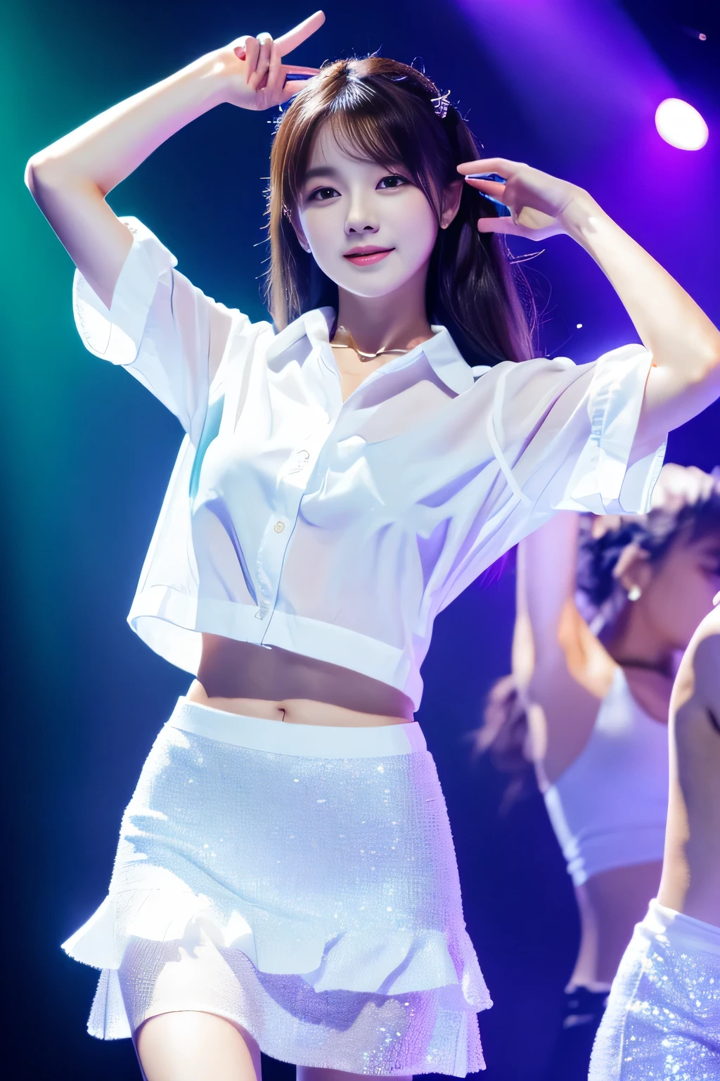 (masterpiece、High resolution、high quality)、beautiful girl、body like a model、perfect anatomy、beautiful limbs、clear eyes、Has an aura、white shirt、mini skirt、dance、disco、