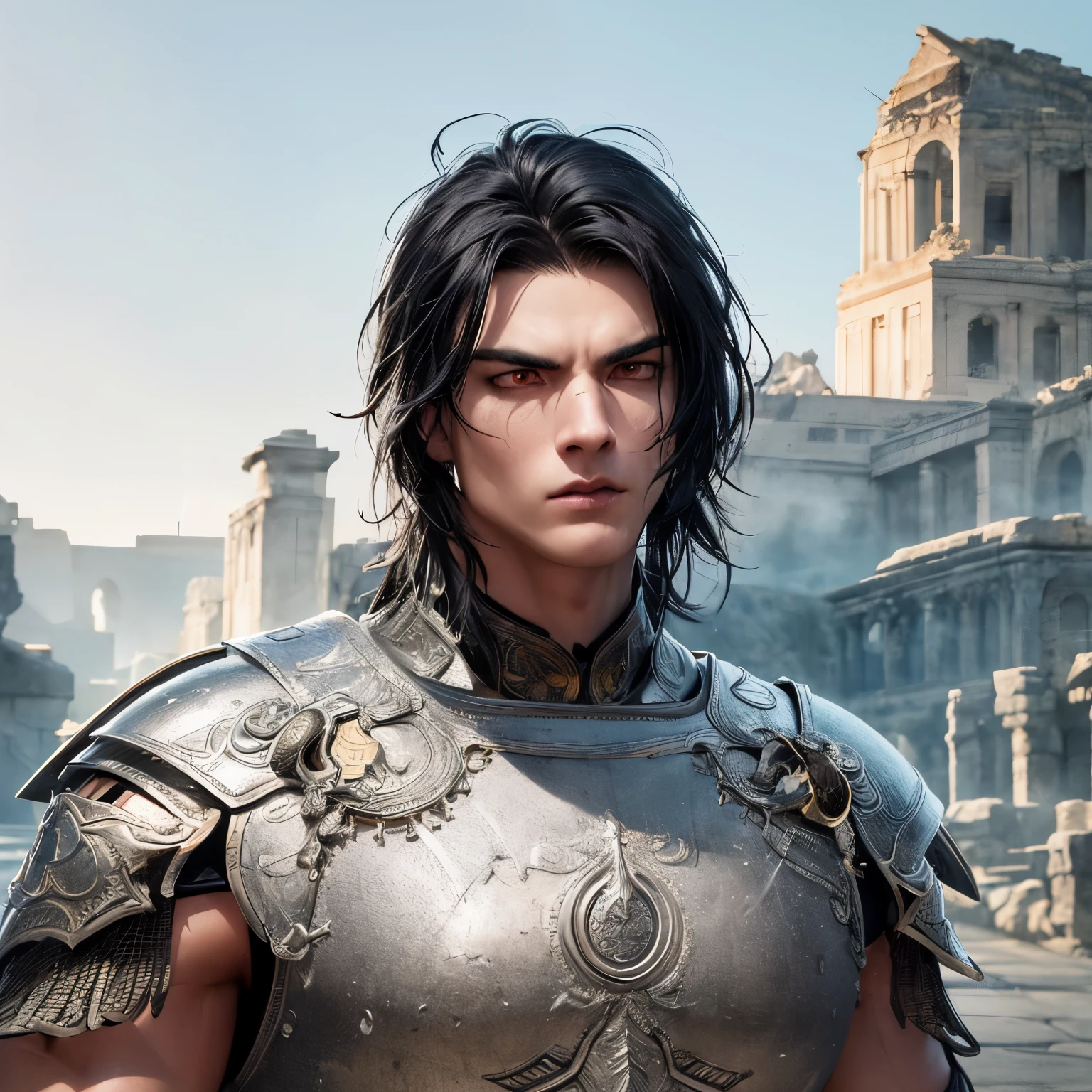smoky black hair,strong jawline, muscular build, confident stance, sunset background, ancient Roman architecture, golden armor, detailed helmet, menacing look, piercing red eyes, battle scars, intense lighting, photorealistic quality, high-resolution masterpiece, vibrant colors, dramatic atmosphere, gritty texture, dynamic pose, heroic warrior, epic battle scene, deeply immersed in the moment, powerful and striking presence.