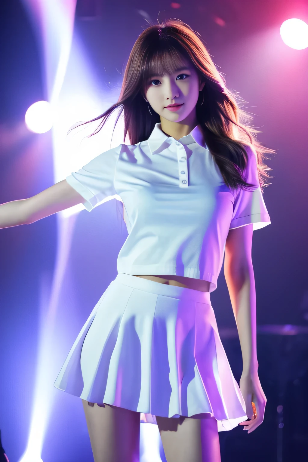 (masterpiece、High resolution、high quality)、beautiful girl、body like a model、perfect anatomy、beautiful limbs、clear eyes、Has an aura、white shirt、mini skirt、dance、disco、