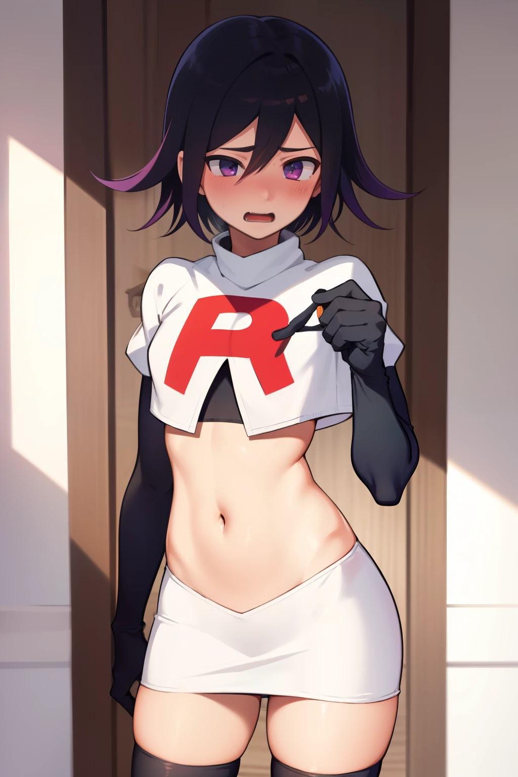 absurdres, cowboy shot, solo, male focus, trap, 1boy, crossdressing,1boy, oma kokichi, team rocket,team rocket uniform,white skirt,red letter R,crop top,black thigh-highs,black elbow gloves, embarrassed, blush