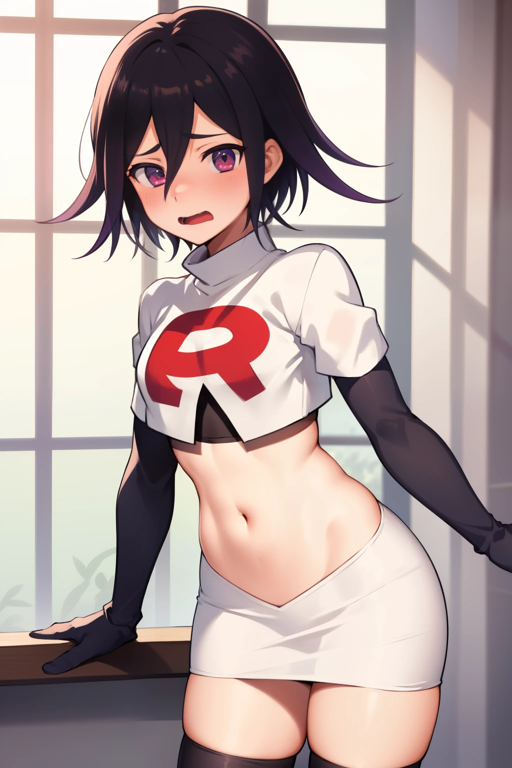 absurdres, cowboy shot, solo, male focus, trap, 1boy, crossdressing,1boy, oma kokichi, team rocket,team rocket uniform,white skirt,red letter R,crop top,black thigh-highs,black elbow gloves, embarrassed, blush
