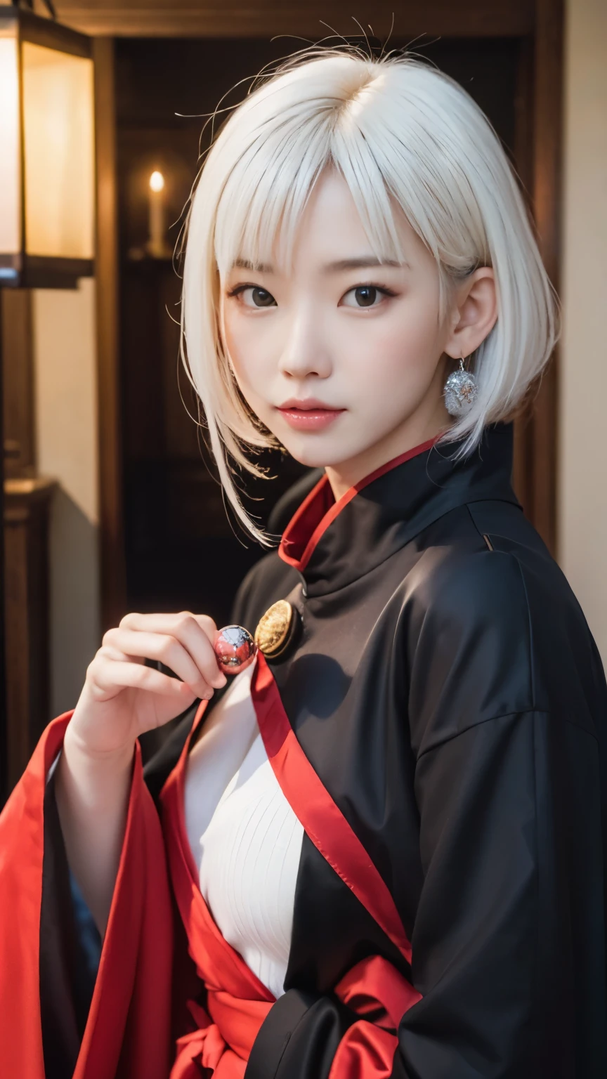 ((highest quality, 8K, masterpiece: 1.3)), sharp focus: 1.2, beautiful woman with perfect style,surreal), (High resolution), (8K), (very detailed), (beautiful and fine eyes), (highest quality), (super detailed), (masterpiece), (detailed face),Anime character with white hair and red cloak holding a crystal ball, Haise Jinyao, white haired god, Inspired by Bian Shoumin, Inspired by Michio Kan, Inspired by Yoon Doo Seo, Inspired by Hong Ren, Inspired by Lu Ki, Inspired by Huang Gongbang, inspired by Ren Xiong, Inspired by Li Miki