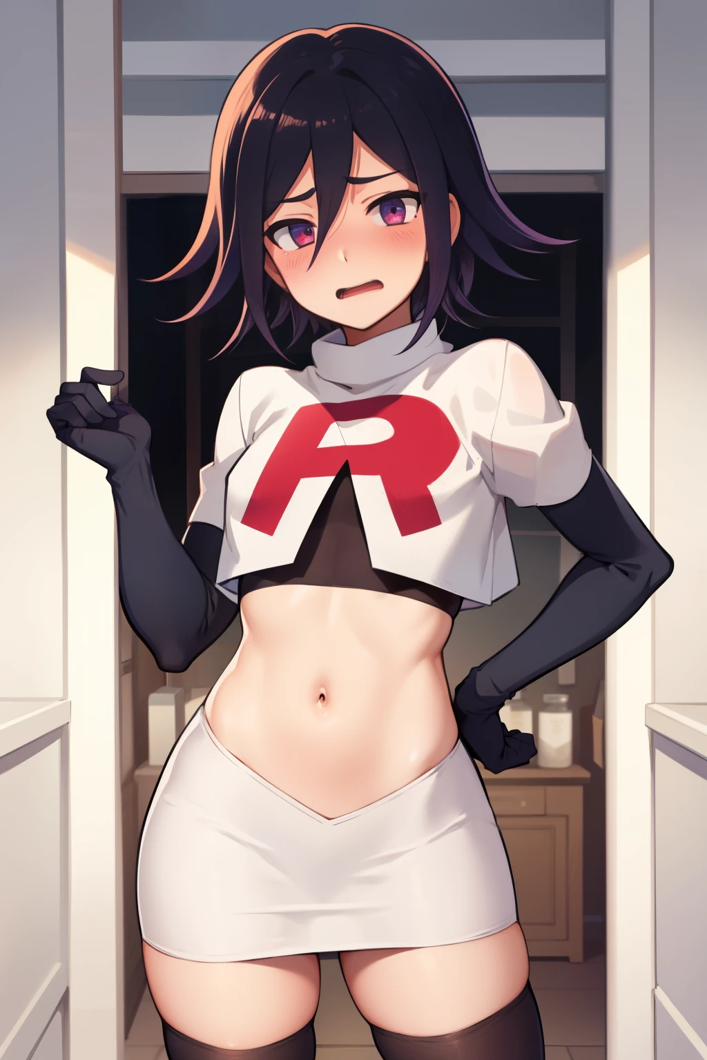absurdres, cowboy shot, solo, male focus, trap, 1boy, crossdressing,1boy, oma kokichi, team rocket,team rocket uniform,white skirt,red letter R,crop top,black thigh-highs,black elbow gloves, embarrassed, blush