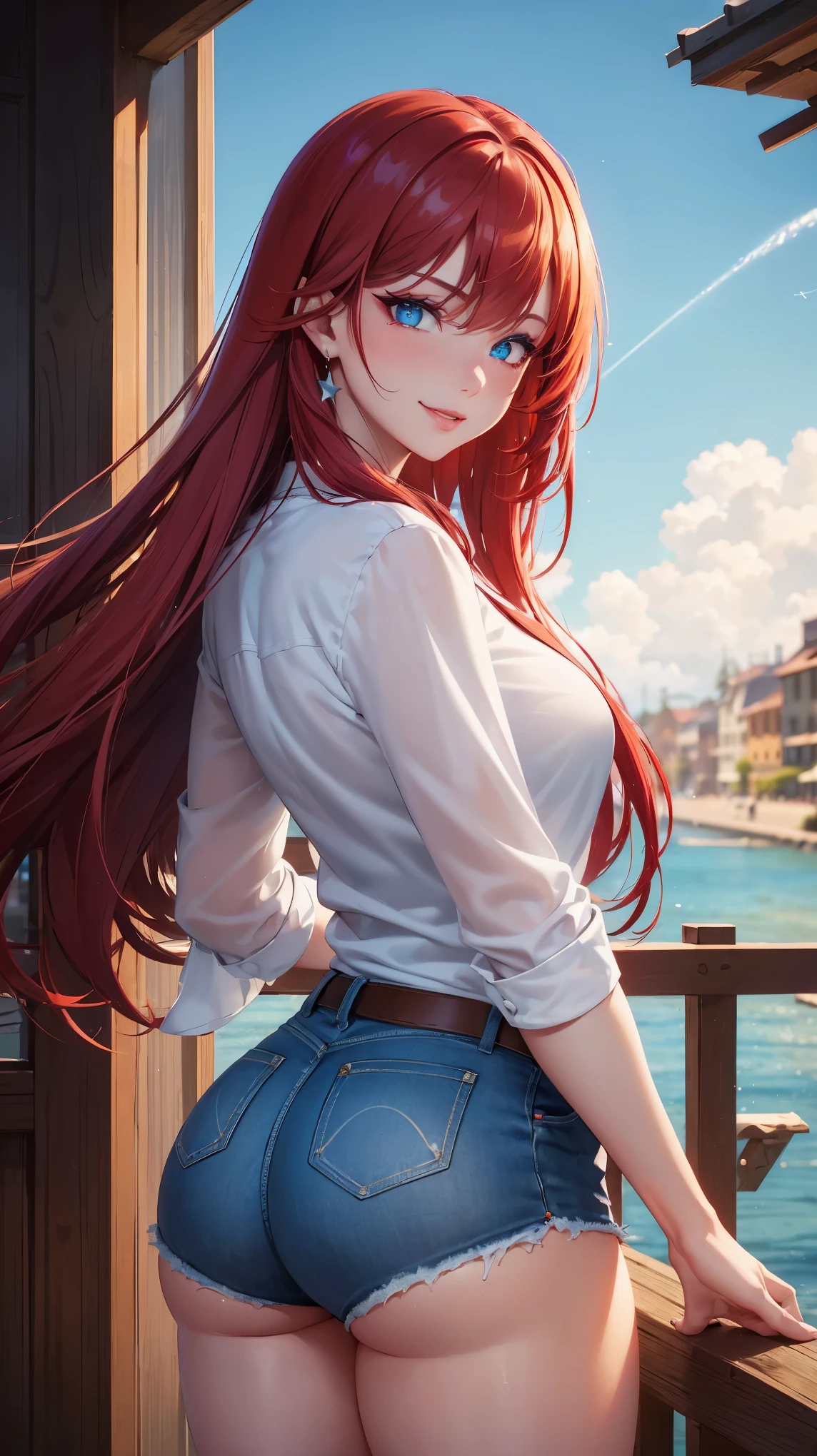 red hair, straight hair, wet hair, jewelry, eye reflection, star-shaped pupils, (perfect aqua blue eyes), one eye closed, evil smile, smug, tsundere, red lips, cheek-to-cheek, cinematic lighting, chromatic aberration, god rays, ray tracing, motion blur, drop shadow, angle from behind, Eye-Level Shot, UHD, masterpiece, high details, high quality, best quality, highres, 16k, ((perfectly curvacious ass)), (detailed pupils), ((thick perfect thighs)), beautifully detailed pupils, (((casual clothing))), denim jeans, calm sunny neighbourhood, daytime ((firey detailed eyes)), beautiful dark pupils