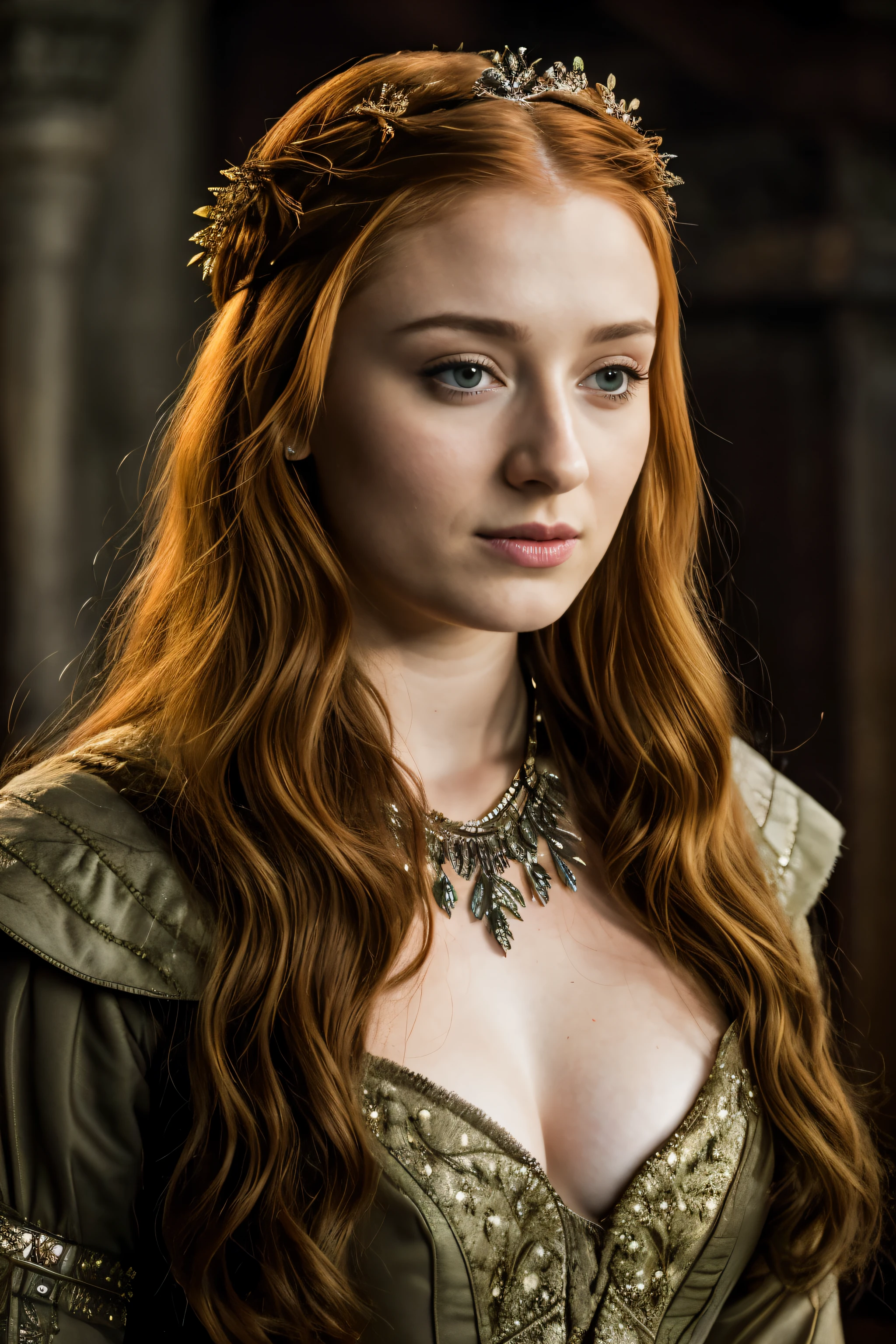 Foto RAW, Sansa Stark PLAYED BY SOPHIE TURNER Ned and Cat's oldest daughter, Demure and ladylike, her dream is to marry Prince Joffrey, Her direwolf is named Lady , mediaeval erotic costumes, perky breast, Game of Thrones Series, (pele altamente detalhada: 1.2), 8k UHD, DSLR, soft-lighting, alta qualidade, grain of film, Fujifilm XT3