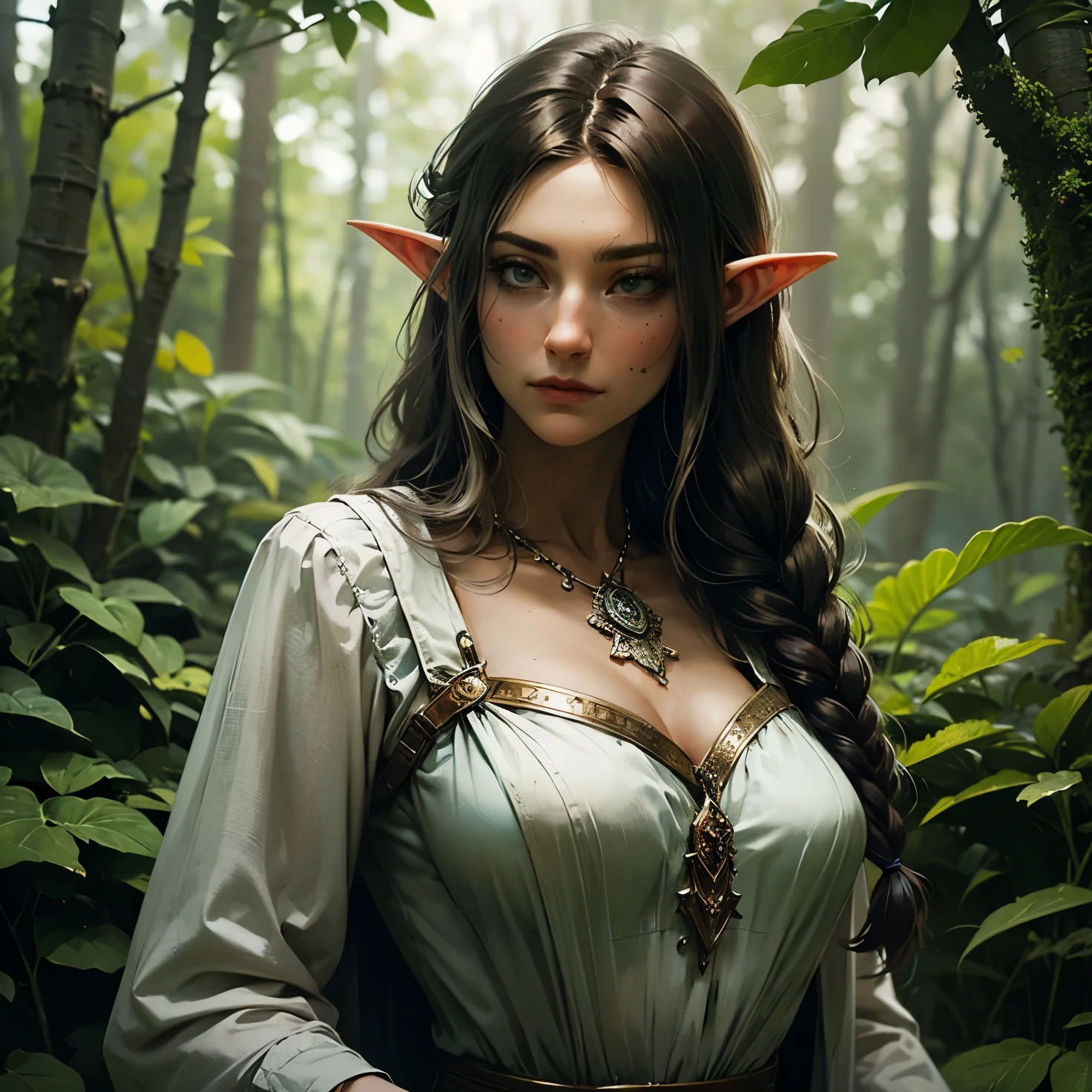 Female elf, long black hair, braided hair, brunette, round face, green and white clothes, in a forest, fantasy character