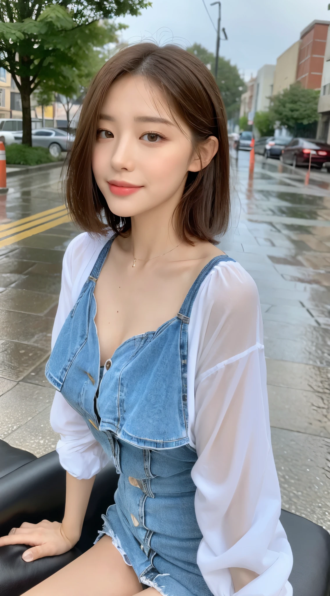 ((best quality, 8k, masterpiece:1.3)), focus:1.2, Beautiful woman with perfect body:1.4, raised buttocks:1.2, ((Cut hair into layers, beautiful )),(rain, street:1.3)，Highly detailed facial and skin textures, delicate eyes, double eyelids，whiten skin，long white hair,(Keep your mouth shut:1.3)，Smile，On the sofa