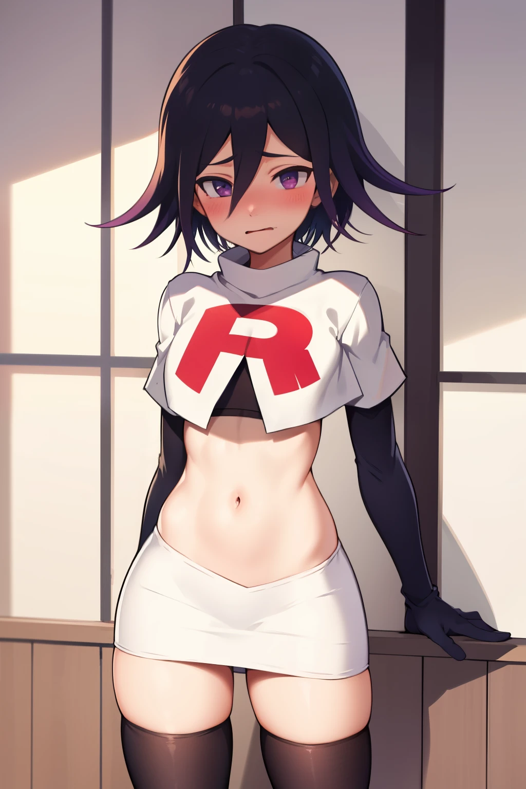 absurdres, cowboy shot, solo, male focus, trap, 1boy, crossdressing,1boy, oma kokichi, team rocket,team rocket uniform,white skirt,red letter R,crop top,black thigh-highs,black elbow gloves, embarrassed, blush
