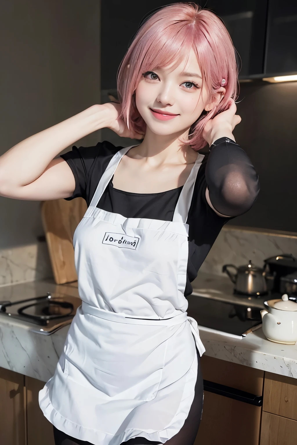(8K, top-quality, masterpiece:1,2), (reallistic, Photorealsitic:1.37), Super Detail, One girl,), (Highly detailed), (beautifully detailed eyes), (of the highest quality), (super detailed ), (masterpiece), (Detailed face),20yr old, ,1 girl, ((pink hair,Very short hair)), medium breasts, clothed, Perfect Lighting, BREAK ( black apron:1.4), (tight, shiny apron: 1.5),. (black tights:1.3) , (Lots of embroidery: 1.3), (small ribbon:1.2), BREAK (smiling and looking at the camera:1.3), (simple white kitchen:1.2), (natural light:1.2)