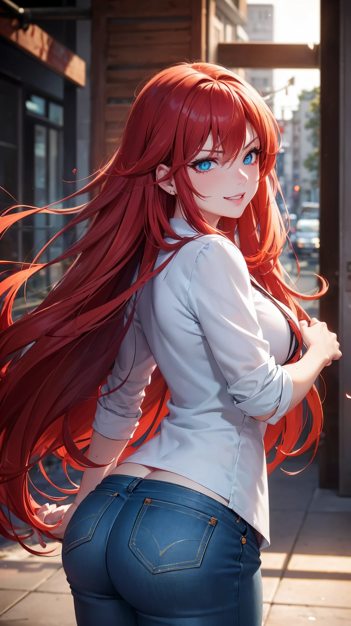 red hair, straight hair, wet hair, jewelry, eye reflection, star-shaped pupils, (perfect aqua blue eyes), one eye closed, evil smile, smug, tsundere, red lips, cheek-to-cheek, cinematic lighting, chromatic aberration, god rays, ray tracing, motion blur, drop shadow, angle from behind, Eye-Level Shot, UHD, masterpiece, high details, high quality, best quality, highres, 16k, ((perfectly curvacious ass)), (detailed pupils), ((thick perfect thighs)), beautifully detailed pupils, (((casual clothing))), denim jeans, calm sunny neighbourhood, daytime ((firey detailed eyes)), beautiful dark pupils