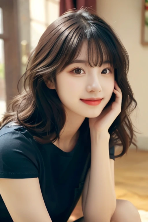 (original photo, best quality), (actual, photo-actual:1.3), masterpiece, extremely delicate and beautiful, Very detailed, CG, Unite, 8k, Astonishing, fine details, Super detailed, high resolution, ridiculous, soft light, (black hair, short hair, curls, messy hair, Bangs), Beautiful and delicate girl, Detailed fingers, Very detailed eyes and face, Beautiful and detailed nose, Beautiful and delicate eyes, (There is light on the face), looking at the audience, (Keep your mouth shut:1.2), 1 girl, Lovely, young, mature face, pale skin, (Half body:1.3, sitting), (medium breasts), actual face, actual body, Beautiful and delicate thighs, (ulzzang-6500-v1.1:0.6), black shirt,  (semi smile:1.3),Clothing to cover up。