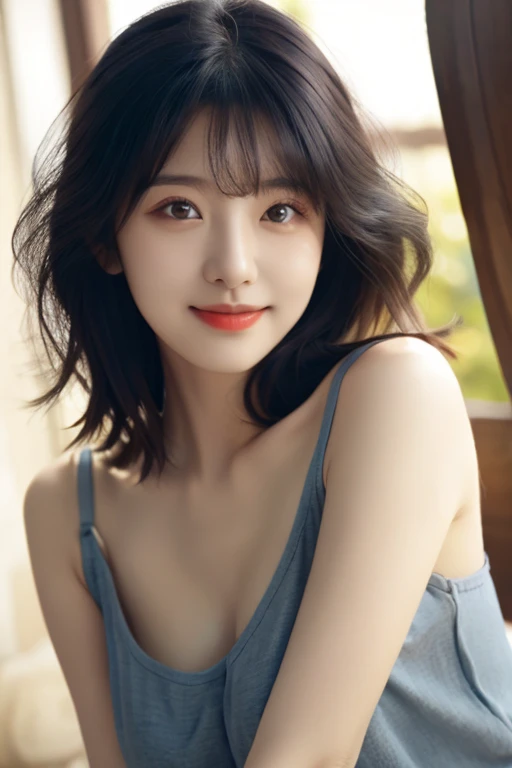 (original photo, best quality), (actual, photo-actual:1.3), masterpiece, extremely delicate and beautiful, Very detailed, CG, Unite, 8k, Astonishing, fine details, Super detailed, high resolution, ridiculous, soft light, (black hair, short hair, curls, messy hair, Bangs), Beautiful and delicate girl, Detailed fingers, Very detailed eyes and face, Beautiful and detailed nose, Beautiful and delicate eyes, (There is light on the face), looking at the audience, (Keep your mouth shut:1.2), 1 girl, Lovely, young, mature face, pale skin, (Half body:1.3, sitting), (medium breasts), actual face, actual body, Beautiful and delicate thighs, (ulzzang-6500-v1.1:0.6), black shirt,  (semi smile:1.3),Clothing to cover up。