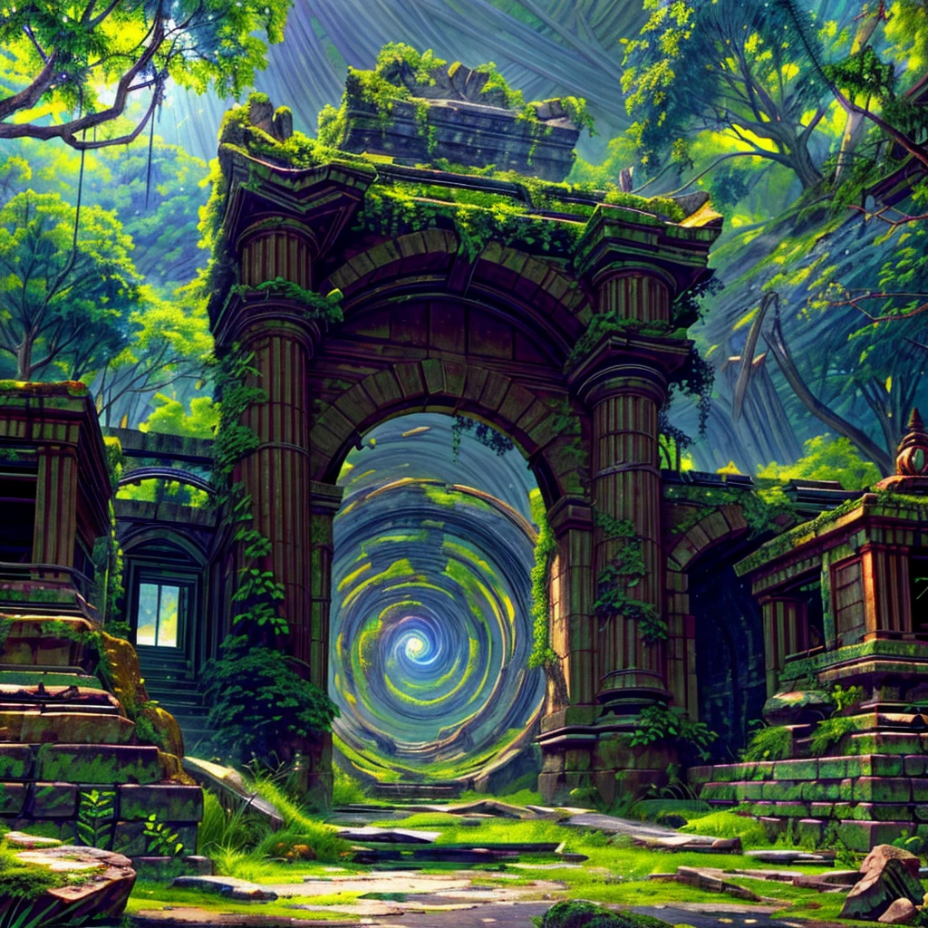 (best quality,4k,8k,highres,masterpiece:1.2),ultra-detailed,realistic, vivid colors,bokeh,ancient gateway of time and space, mystical atmosphere, crumbling stone structure, overgrown with ivy and moss, ethereal light shining through, mysterious symbols carved on the gate, swirling vortex beyond the gate, celestial bodies in the background, ancient relics scattered around, forgotten whispers of the past, time-worn textures, a sense of wonder and discovery, otherworldly landscapes, a bridge between dimensions, a portal to the unknown, a glimpse into the secrets of the universe