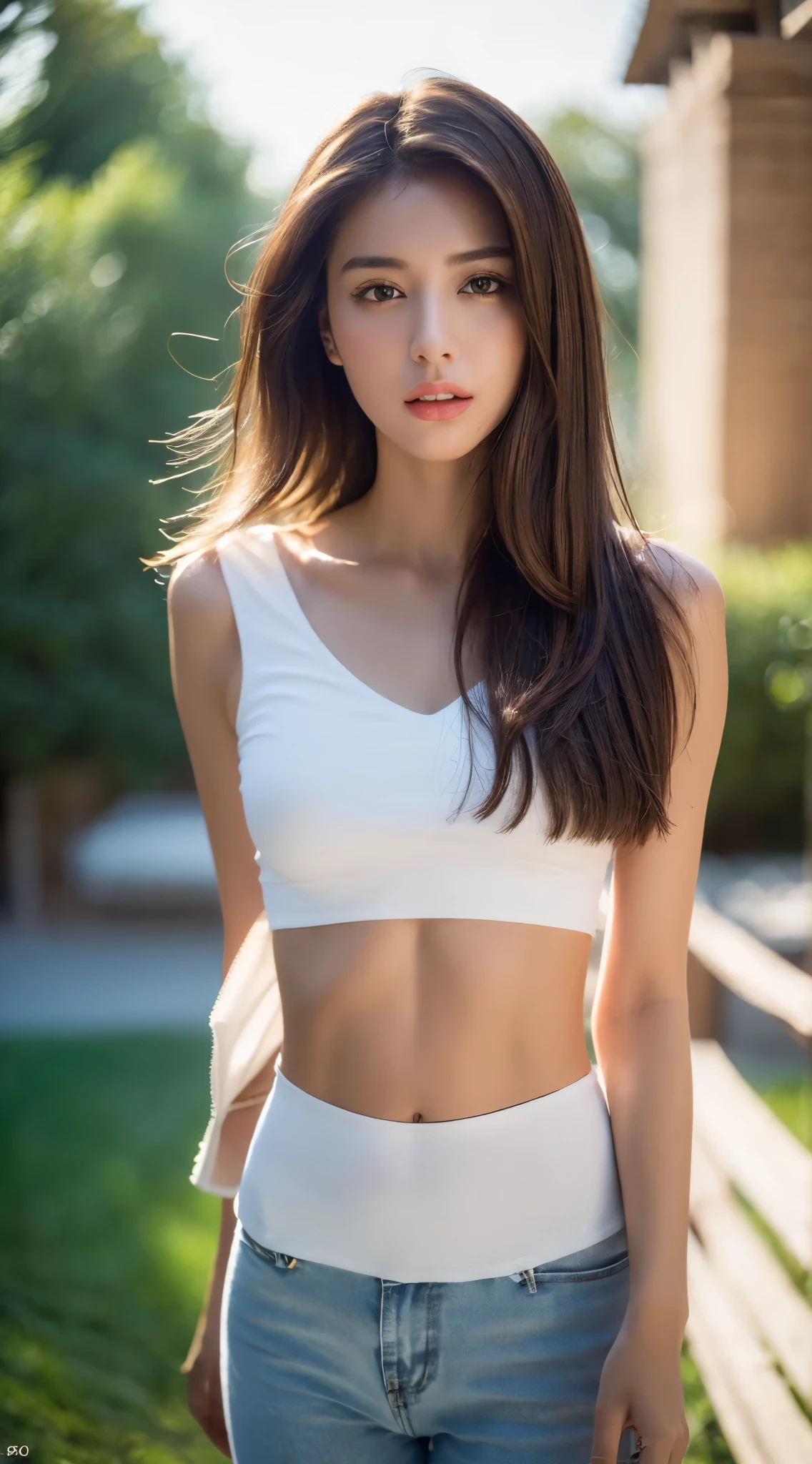 ((Realistic lighting, best quality, 8k, masterpiece: 1.3)), clear focus: 1.2, 1 girl, perfect beauty: 1.4, slim abs: 1.1, ((dark brown hair)), (white crop top: 1.4), (outdoor, night: 1.1), park landscape, The face is super delicate, beautiful eyes, double eyelids,