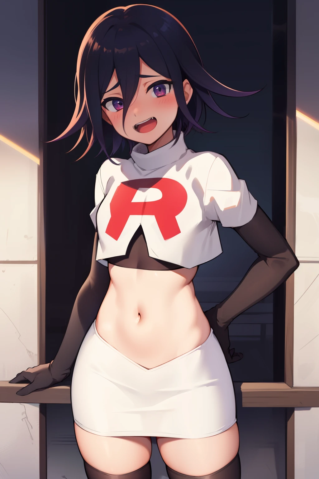 absurdres, cowboy shot, solo, male focus, trap, 1boy, crossdressing,1boy, oma kokichi, team rocket,team rocket uniform,white skirt,red letter R,crop top,black thigh-highs,black elbow gloves, evil laugh, blush