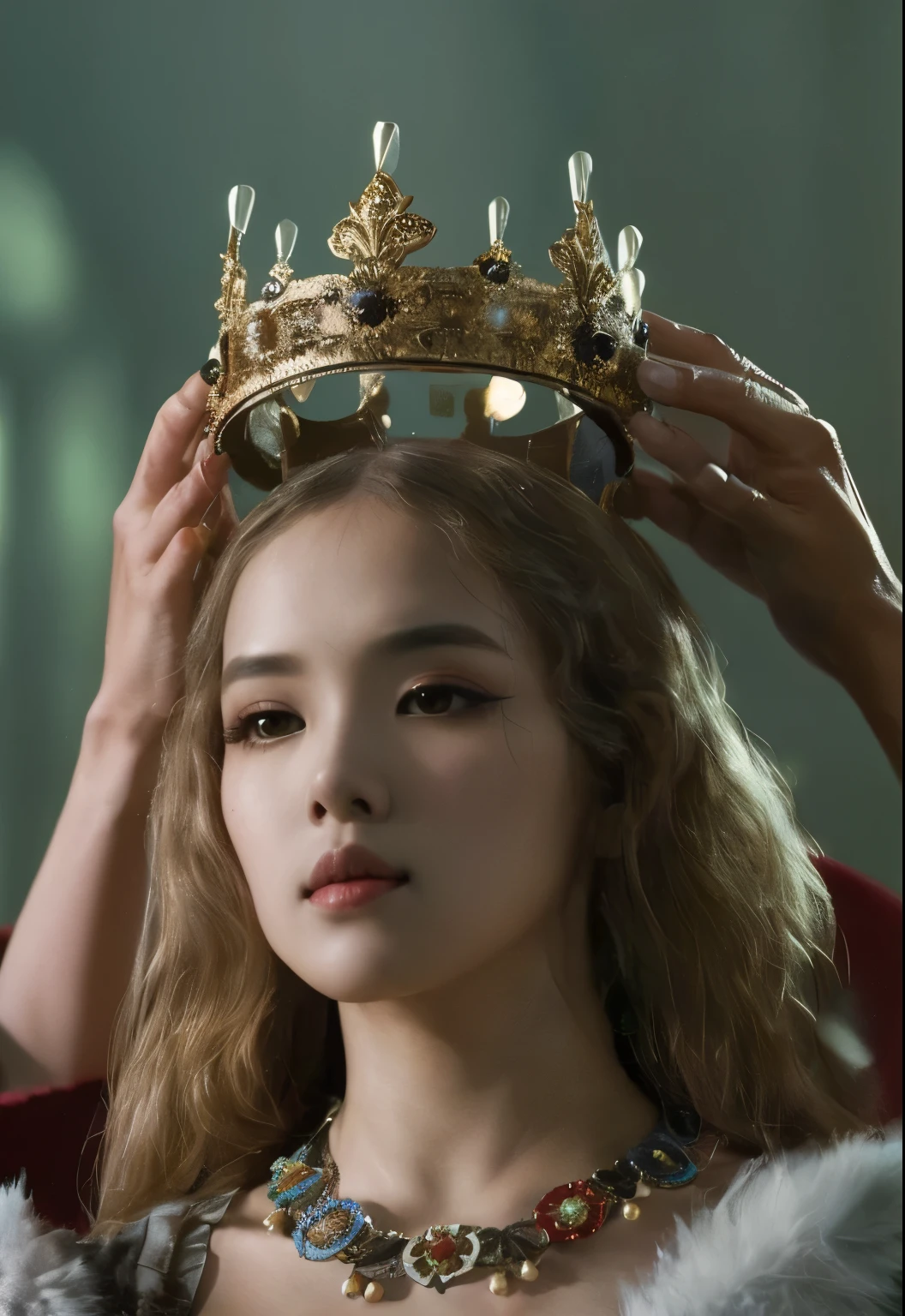 ((4k,obra maestra,Mejor calidad)), first planes of a asian woman in a corona is putting a crown on her head, wearing a corona, the corona, queen corona on top of her head, in a corona, with a corona, corona, corona on head, Diadema en la cabeza, wearing corona, coronaed, usando una tiara, the corona is very high, estilo Juego de Tronos, ulzzang, maquillaje popular de Corea del Sur