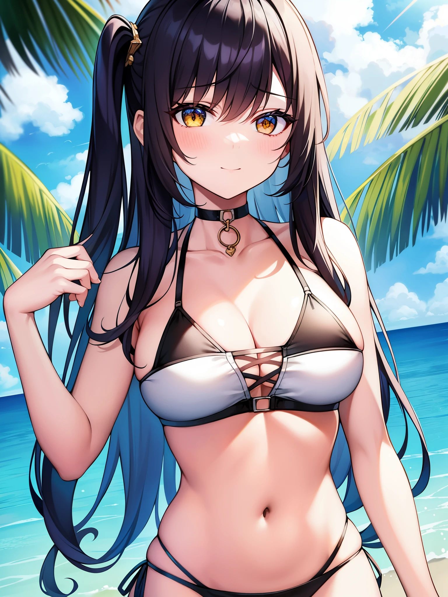 masterpiece、highest quality、outdoor、cosme eyes、eyelash、yellow eyes、sheffield def、1 girl、solo、look at viewer、Upper body、rib cage、skinny、hip bones、stomach、from below、put your hand on your waist、bikini、bikiniトップのみ、横-ネクタイbikiniボトム、白bikini、