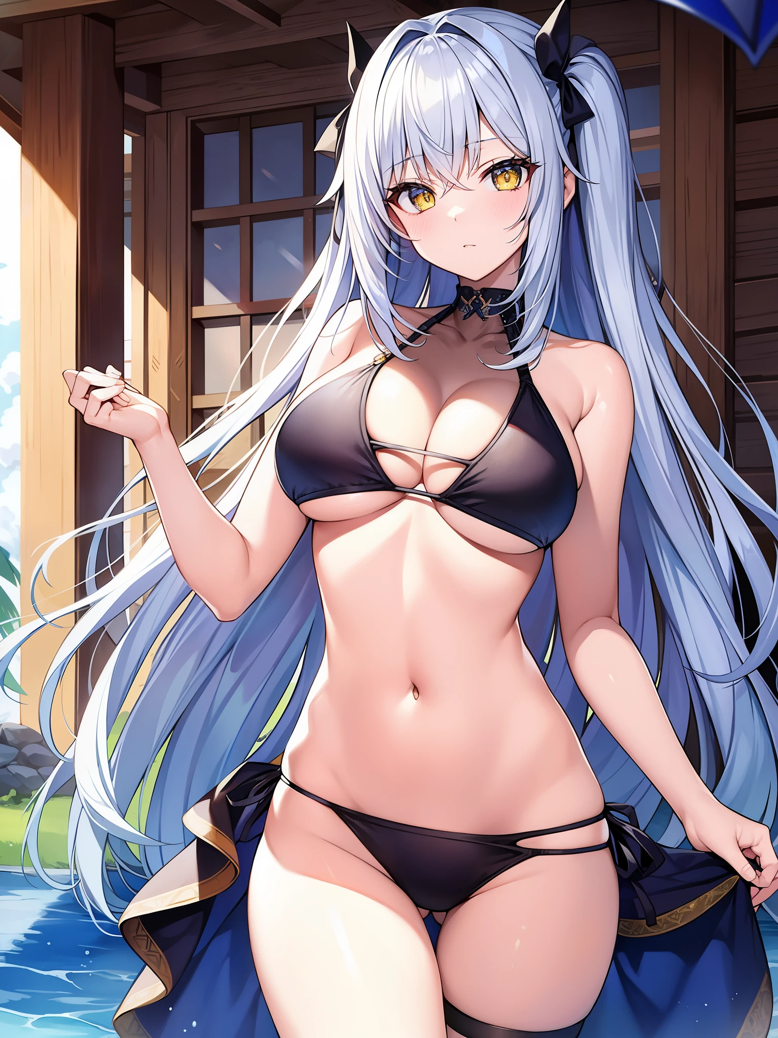 masterpiece、highest quality、outdoor、cosme eyes、eyelash、yellow eyes、sheffield def、1 girl、solo、look at viewer、Upper body、rib cage、skinny、hip bones、stomach、from below、put your hand on your waist、bikini、bikiniトップのみ、横-ネクタイbikiniボトム、白bikini、