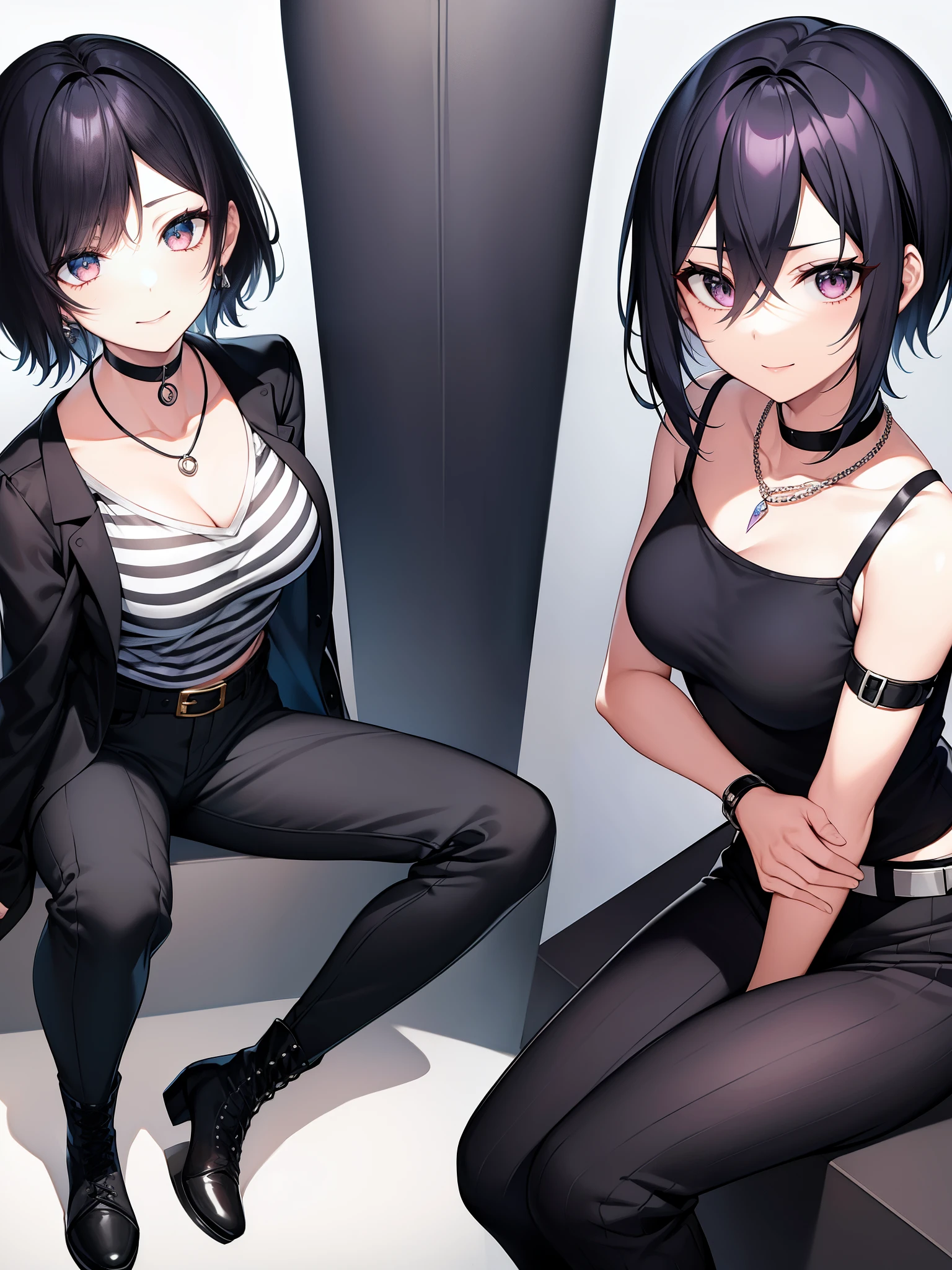 look at viewer、smile、short hair、shirt、black hair、hair between eyes、gem、medium breasts、sitting、clavicle、白shirt、gray hair、boots、parted lips、stripe、belt、pants、artist name、spread your legs、necklace、Black footwear、No bra、makeup、bandage、lipstick、Release the chest、beltのバックル、bandageを巻いた腕、Split color hair、Striped pants、black lips
