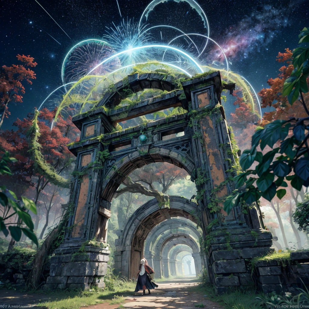 (best quality,4k,8k,highres,masterpiece:1.2),ultra-detailed,realistic, vivid colors,bokeh,ancient gateway of time and space, mystical atmosphere, crumbling stone structure, overgrown with ivy and moss, ethereal light shining through, mysterious symbols carved on the gate, swirling vortex beyond the gate, celestial bodies in the background, ancient relics scattered around, forgotten whispers of the past, time-worn textures, a sense of wonder and discovery, otherworldly landscapes, a bridge between dimensions, a portal to the unknown, a glimpse into the secrets of the universe