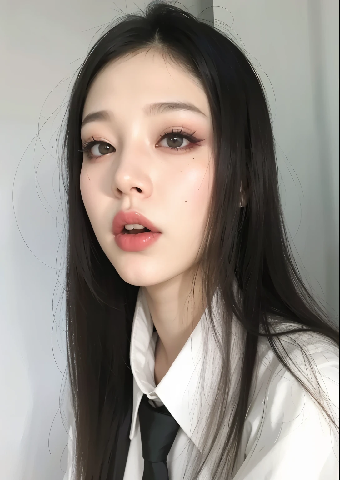 There's a woman with a tie and white shirt, cruel korean goth girl, It's Junji's style, pale gothic beauty, rosto sexy com maquiagem completa, maquiagem sul-coreana popular, 1 7 year old goth girl, korean symmetrical face, pale porcelain white skin, maquiagem coreana popular, fair and pale skin!!, Gothic makeup, goth girl aesthetic