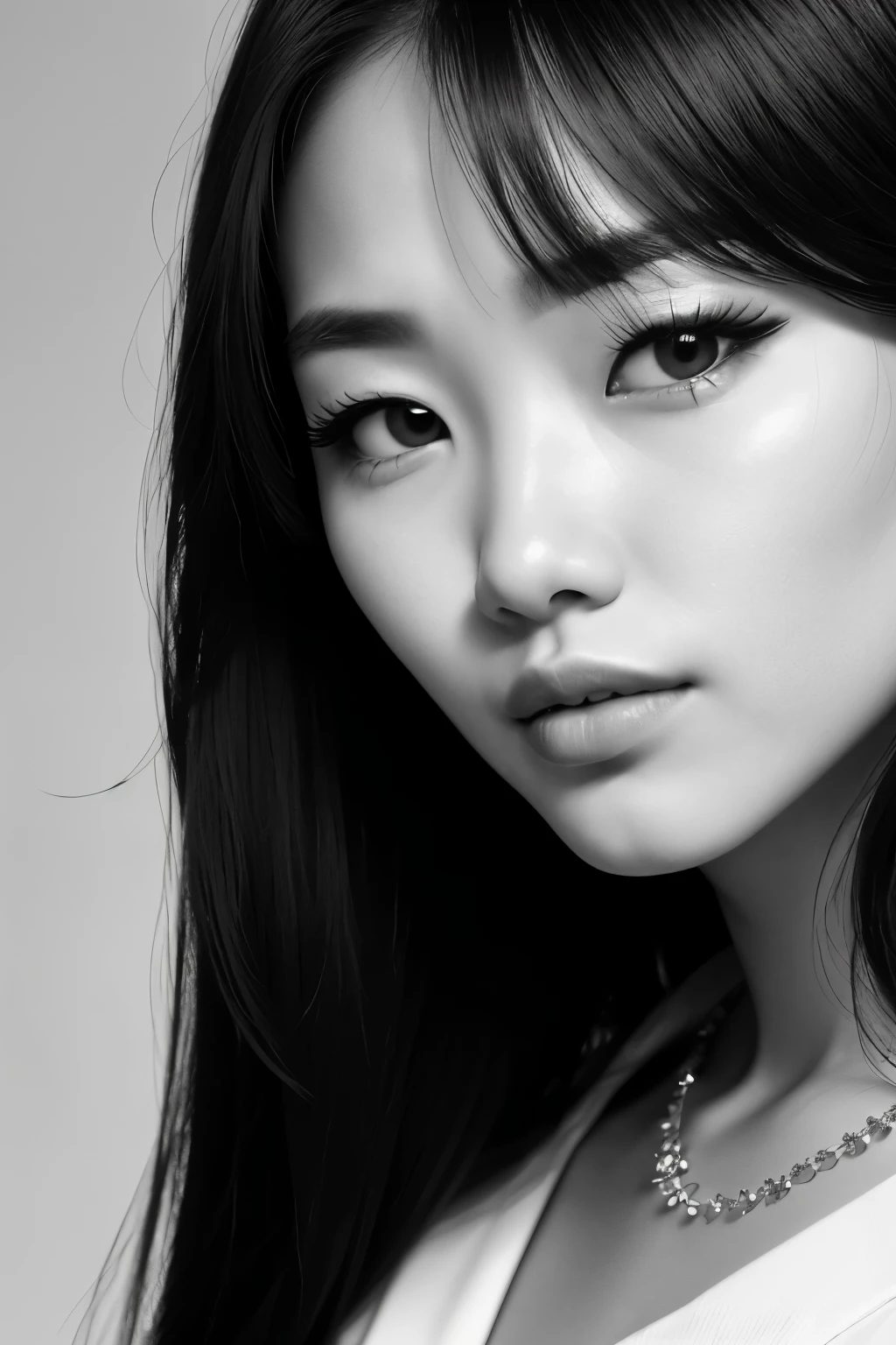 Photo of a stunning Korean beauty, Beautiful fashion model, (Clear eyes: bright and expressive), ((Face view: straight on, close up)), ((Portrait, close up: 1.2)), ((Black background)), ((Black and white film: high contrast)), ((High photography quality: sharp and detailed)),
Wearing a cute brown dress, Full body photography, (SFW: suitable for all audiences), Capturing the essence of Korean beauty style, Detailed facial features: small nose, full lips, high cheekbones, Expressive eyes that radiate warmth and charm, Los Angles based photographer, Leica Q2 Monochrom camera, 28mm prime lens, F/4 aperture,