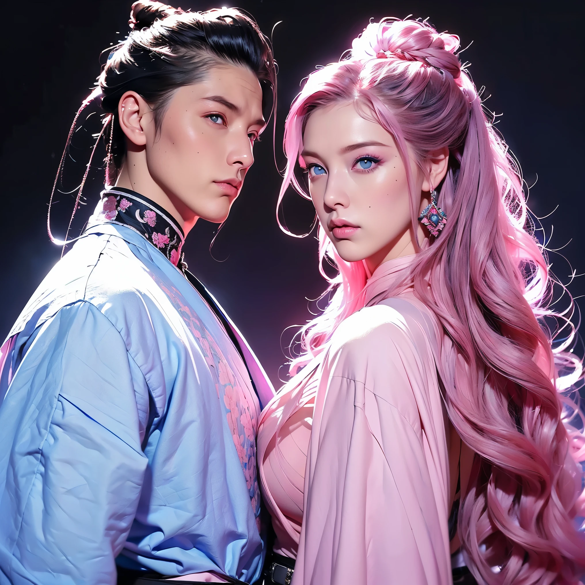 ((woman, long curly hair, pink hair, blue eyes))((man, male, young, boy, long hair, bun, black hair blue eyes, samurai outfit))(( two people, a woman and a man, Woman with pink hair and man with black hair , Voluminous woman's hair