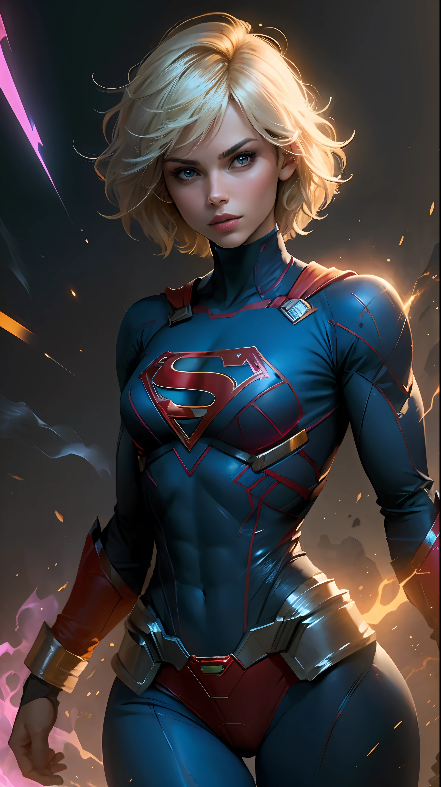 "((best quality,best illumination)), beautiful model with short hair and athletic body, wearing Supergirl cosplay, accentuated and highlighted breasts, dynamic pose, colorful background, high saturation, vibrant lights."