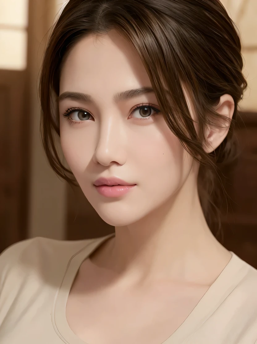 ((masterpiece、highest quality、genuine、Super detailed、High resolution、photogenuineistic、sharp focus、genuineistic photo、Live shooting、cinematic lighting))、Stunning portrait of a beautiful woman、bust shot、high contrast、high color saturation、30 years old、(dark brown short-haired) 、blushing face、((slender body shape、tall beautiful woman))、 (((thin sportswear)))、stand upright、Highly detailed face and skin texture、detailed hand drawn、look at the audience