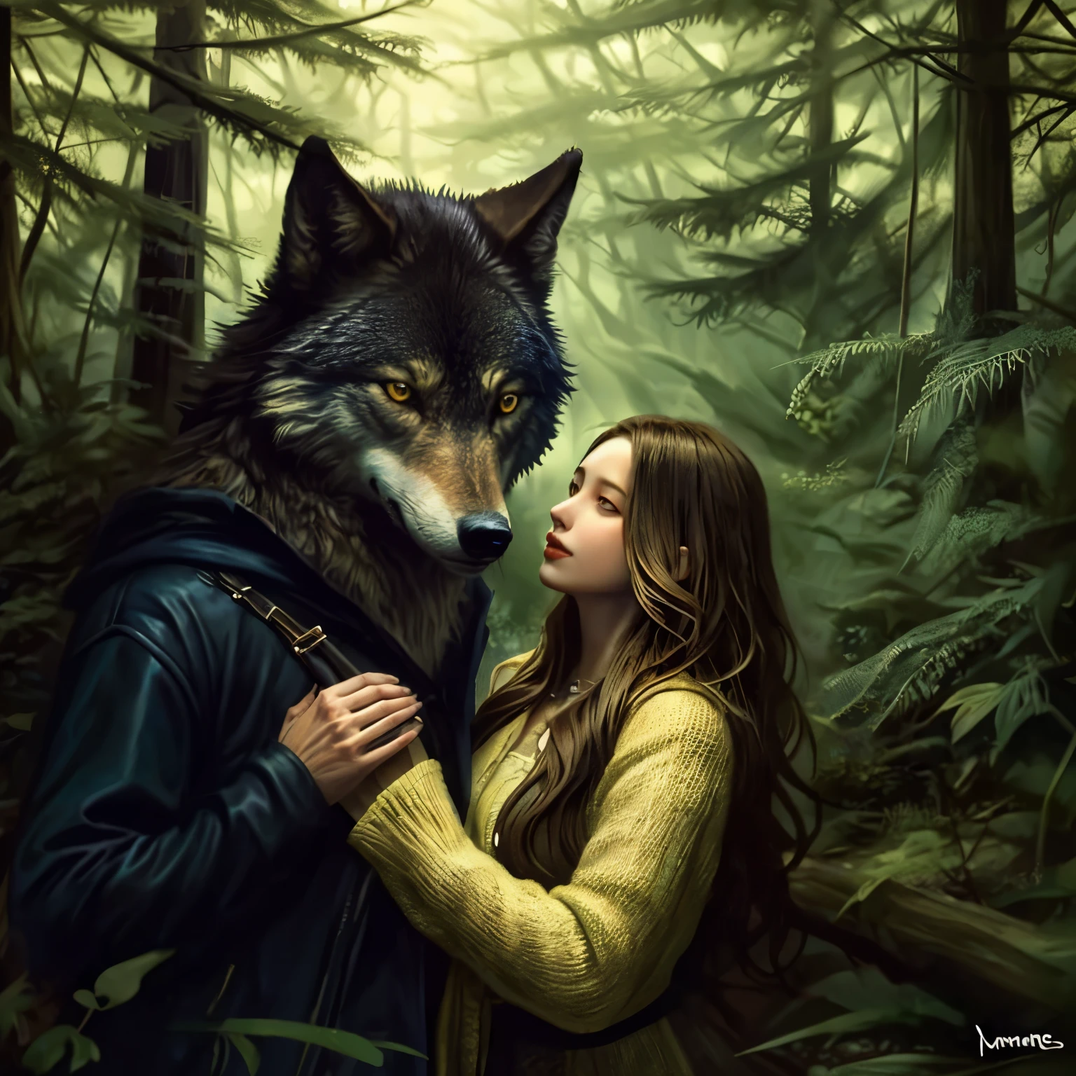 a woman hugging a wolf with her head on her chest, wolf companion, female anthropomorphic wolf, by Magali Villeneuve, magali villeneuve', by Igor Kieryluk, yuri shwedoff and tom bagshaw, by Wolf Huber, wolves and their treasures, wolfgirl, by Anne Stokes, beautiful depiction, wolf like a human, dark gloomy forest, girl with red coat, littel red riding hood, blonde hair, giant wolf, black wolf, ((big wolf)), photo realistic