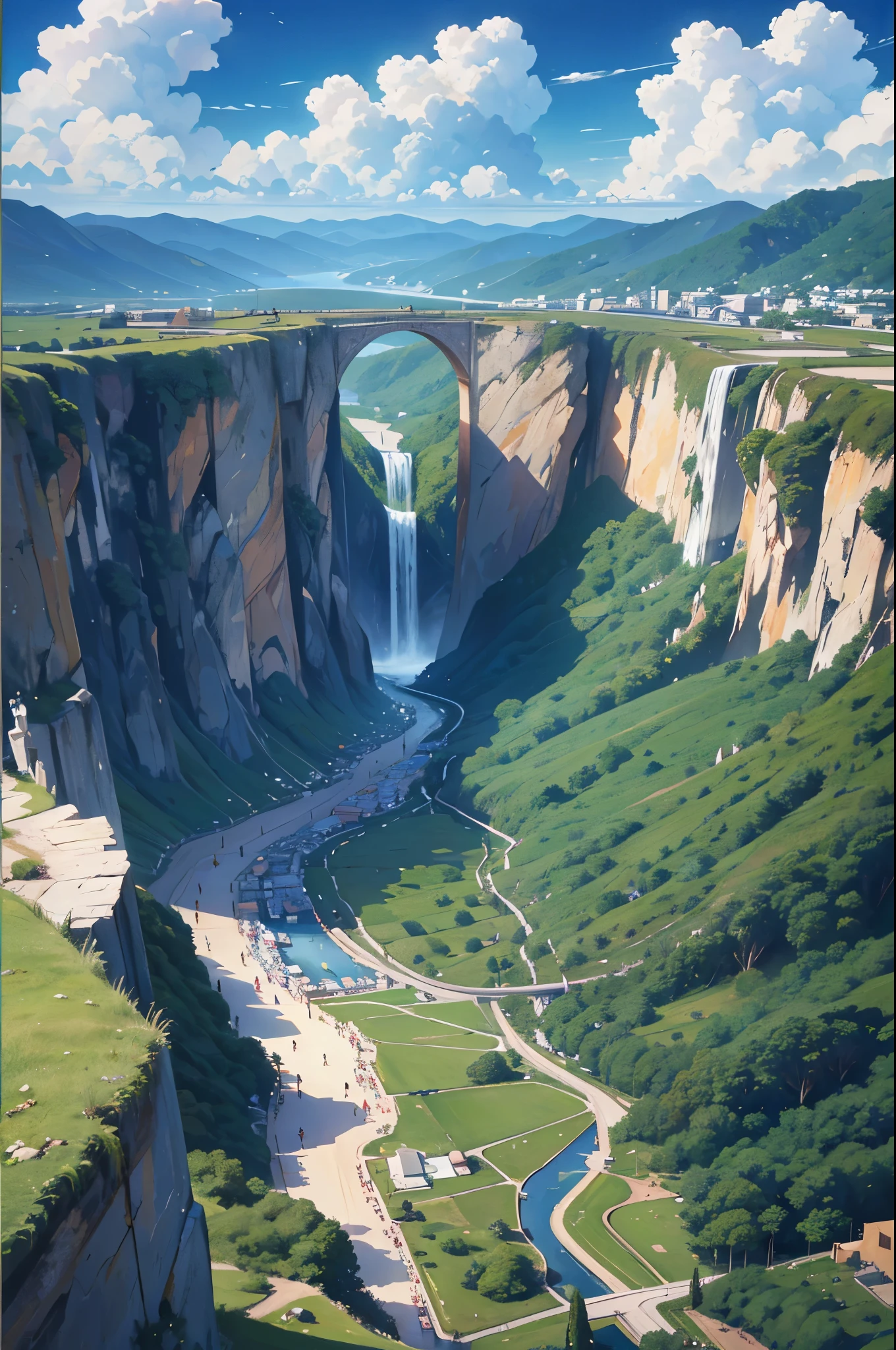 Anime scenery of a waterfall and a bridge in a valley - SeaArt AI
