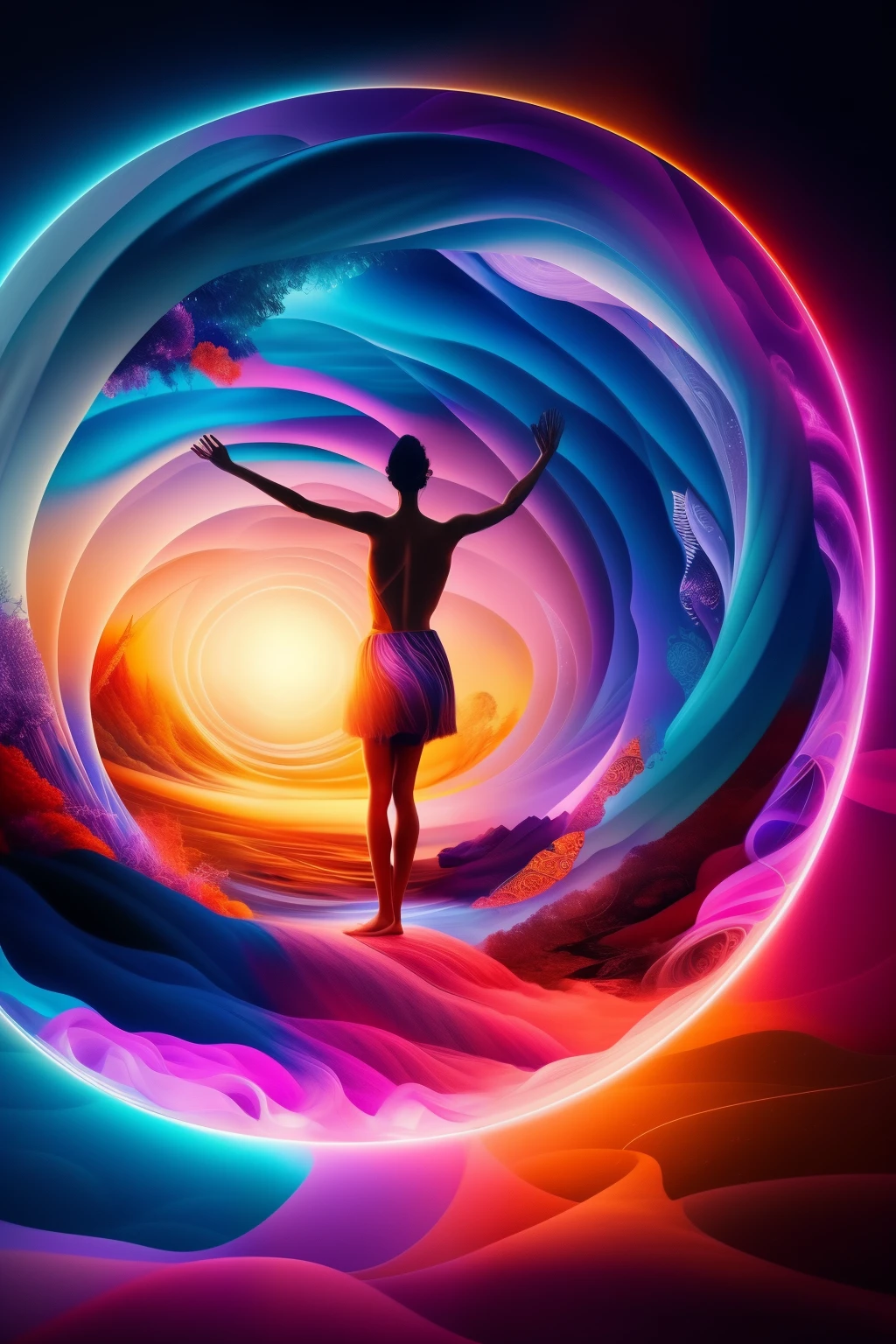 A mesmerizing image of a mystical scene, with subliminal messages hidden in plain sight, in a surrealistic 8k environment. A figure in the foreground, with closed eyes, bathed in a soft, ethereal light. The background is a swirling vortex of colors and shapes, hinting at deep, abstract meanings. Intricate patterns and symbols dance at the edges of perception, inviting the viewer to explore the depths of the subconscious. As the figure's breathing slows and synchronizes with the rhythm of the image, the subliminal messages begin to seep into the conscious mind, leaving a profound and transformative impact. The high-definition, phot