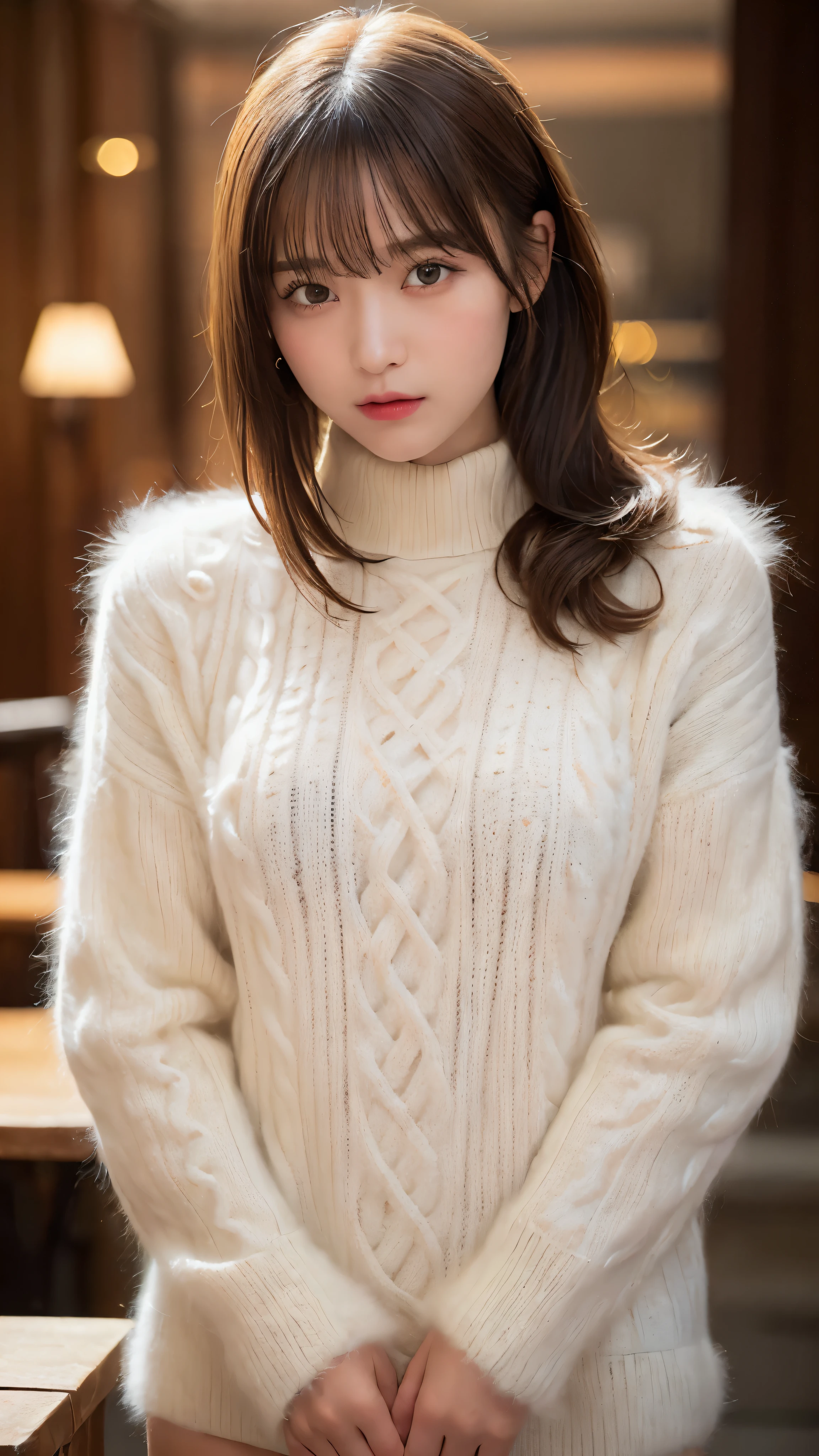 ((NSFW))、(masterpiece:1.5)、(realistic:1.5)、(highest quality:1.4、8K、RAW photo）、 ultra high resolution、professional lighting、perfect dynamic composition、Photographed at an antique and stylish cafe、 film grain、chromatic aberration、(Bokeh:1.1)、 Frank、Sophisticated、charm、超realistic、high detail、golden ratio、 (1 girl)、slender girl、繊細でcharm女の子、cute woman:1.4、 serious expression、looking at the viewer、sculpture installation、light brown hair、shining hair、Hair style is ponytail、 skin that looks real、 close your mouth、fine eyes、double eyelid、thin arms、(wearing a white fur sweater:1.3)