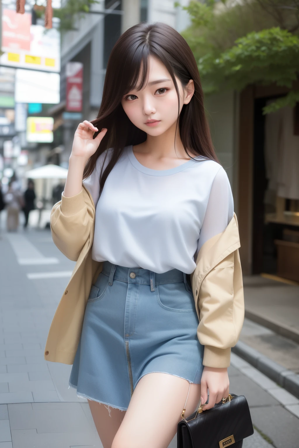 In the heart of Seoul, a truly beautiful actress purses her naturally expressive lips, capturing the essence of Korean beauty style. Her clear, radiant eyes, untouched by makeup, reflect the purity and authenticity of her natural charm. Surrounding her, a pedestrian and natural background painted in rich, full color film harmonizes with her unpretentious allure. Emitting a gentle aura, she dons a cute brown dress, lightly adorned with the soothing comfort of a denim jacket.

Embracing the power of high-quality photography, every detail of her captivating figure reveals itself. Her full body photography masterpiece exhibits the enduring beauty of High