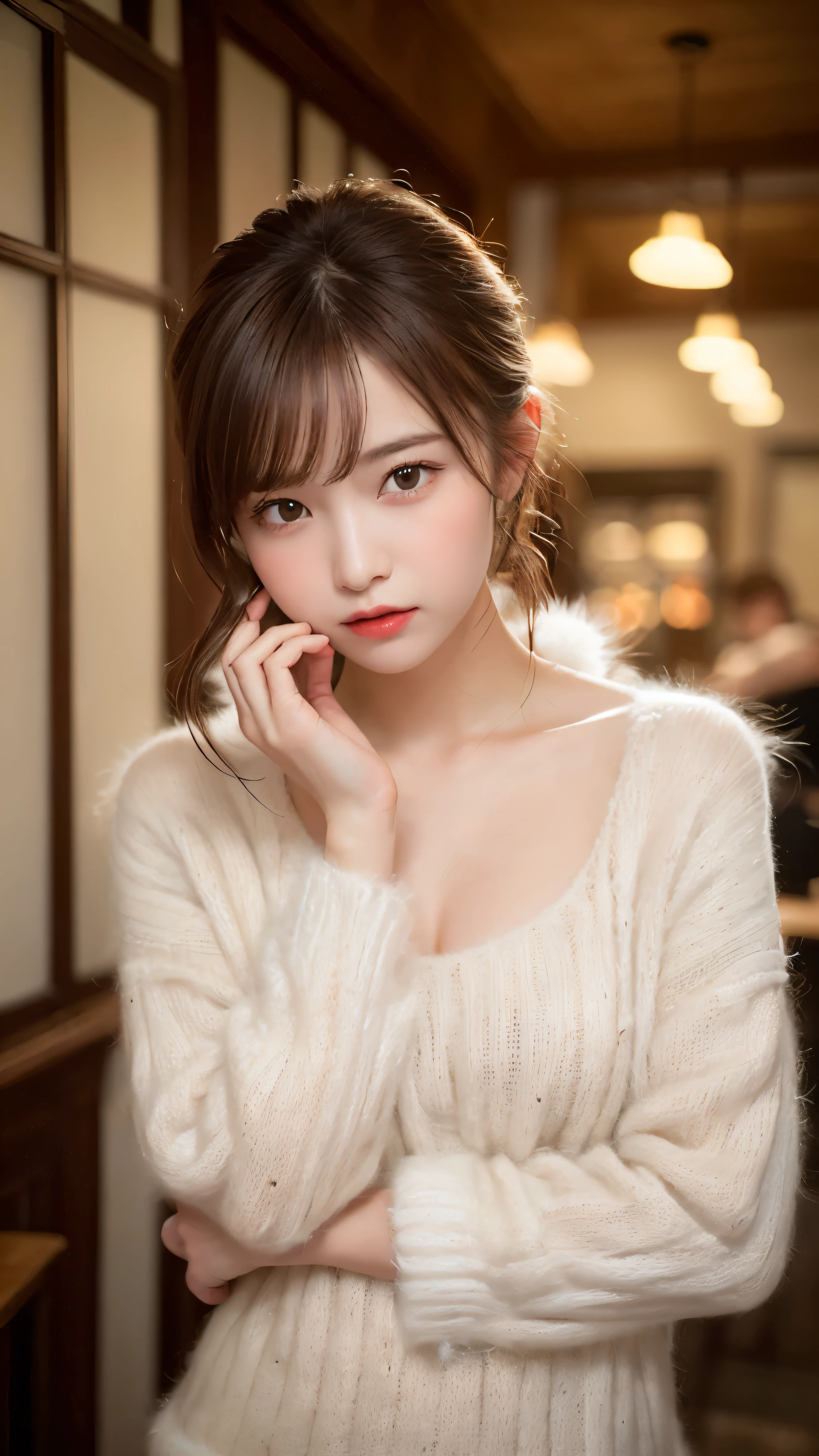 ((NSFW))、(masterpiece:1.5)、(realistic:1.5)、(highest quality:1.4、8K、RAW photo)、 ultra high resolution、professional lighting、perfect dynamic composition、Photographed at an antique and stylish cafe、 film grain、chromatic aberration、(Bokeh:1.1)、 Frank、Sophisticated、charm、超realistic、high detail、golden ratio、 (1 girl)、slender girl、繊細でcharm女の子、cute woman:1.4、 serious expression、looking at the viewer、sculpture installation、light brown hair、shining hair、Hair style is ponytail、 skin that looks real、 close your mouth、fine eyes、double eyelid、thin arms、(wearing a white fur sweater:1.3)