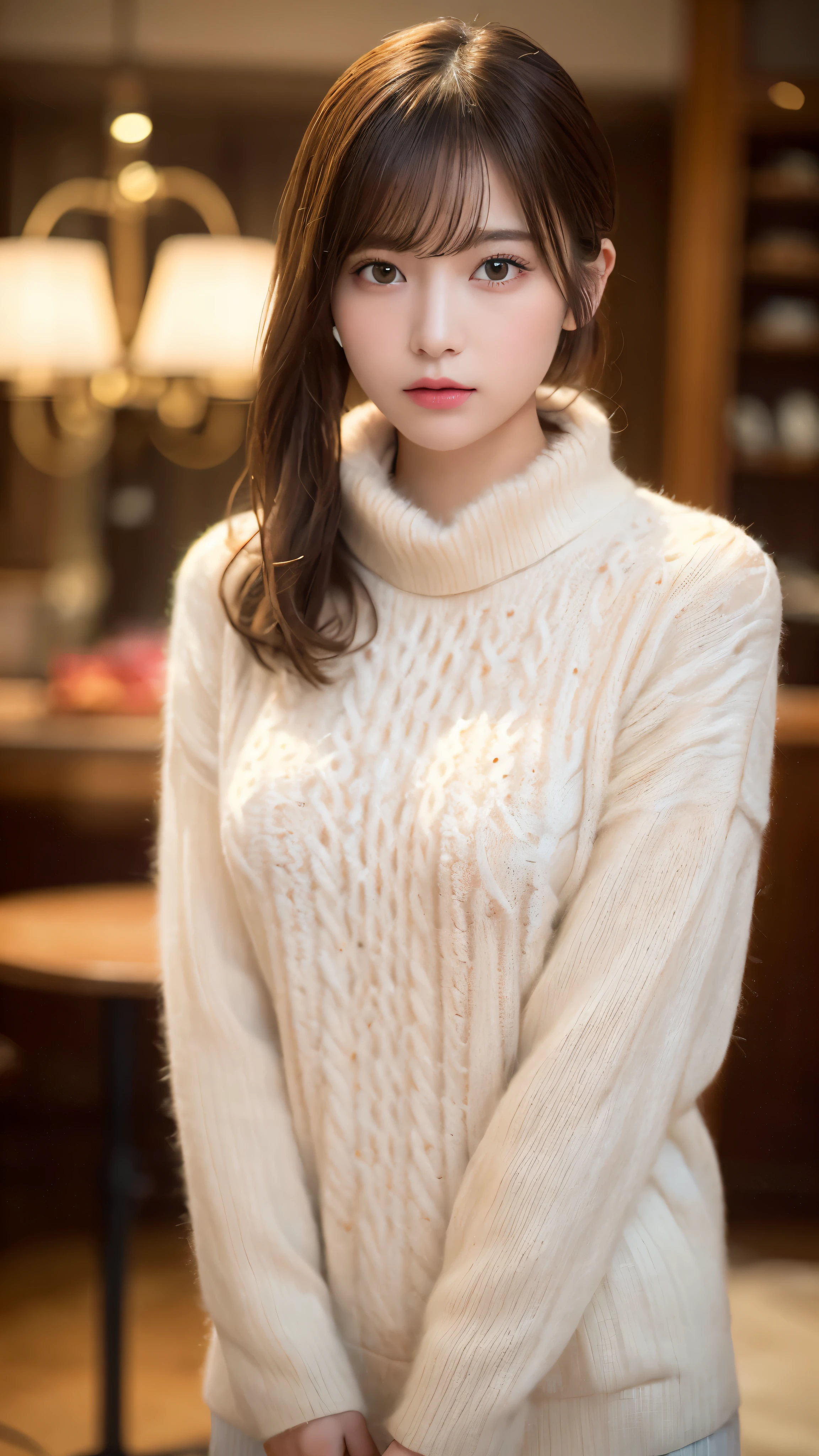 ((NSFW))、(masterpiece:1.5)、(realistic:1.5)、(highest quality:1.4、8K、RAW photo)、 ultra high resolution、professional lighting、perfect dynamic composition、Photographed at an antique and stylish cafe、 film grain、chromatic aberration、(Bokeh:1.1)、 Frank、Sophisticated、charm、超realistic、high detail、golden ratio、 (1 girl)、slender girl、繊細でcharm女の子、cute woman:1.4、 serious expression、looking at the viewer、sculpture installation、light brown hair、shining hair、Hair style is ponytail、 skin that looks real、 close your mouth、fine eyes、double eyelid、thin arms、(wearing a white fur sweater:1.3)