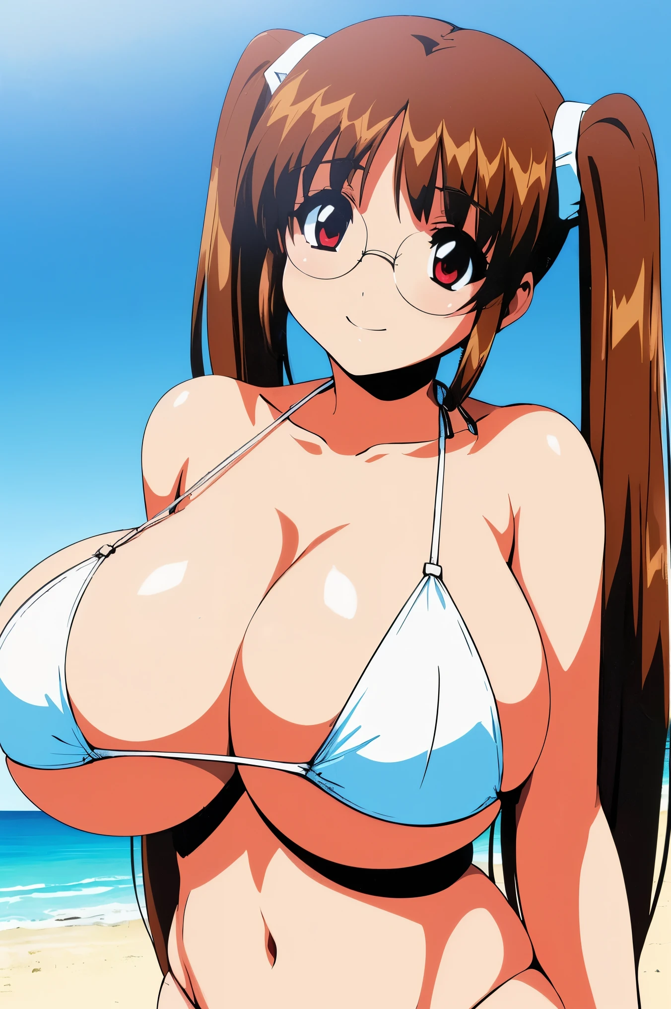 1girl in,(high-level image quality:1.3)、(​masterpiece:1.3)、4K,8K,Official art,（gigantic breasts:1.5),(((bikini:1.2))),Prim_snowlight,brown hair,twin tail,glasses,red eyes,(simple background:1.4),Smile,(beach:1.2),cowboy shot,(布スリップ:1.4)