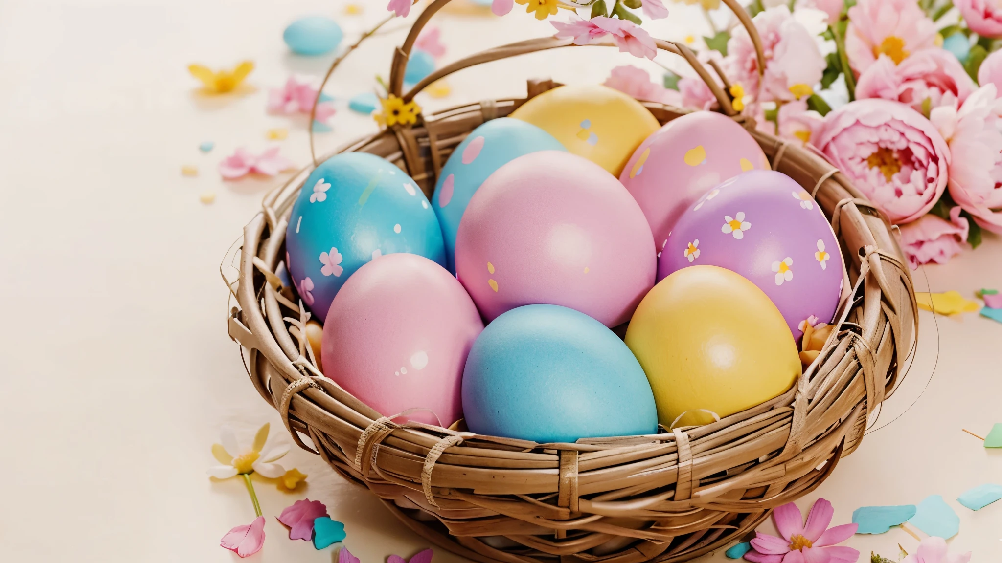 easter clipart featuring pastel watercolor easter eggs and vibrant spring flowers like peonies. describe the charming and whimsical qualities of these digital elements, emphasizing their suitability for easter-themed projects and creative endeavors. craft a description that captures the essence of spring and easter, enticing potential users to explore and use this digital bundle for their artistic pursuits." swirling magical fairytale abstract art style