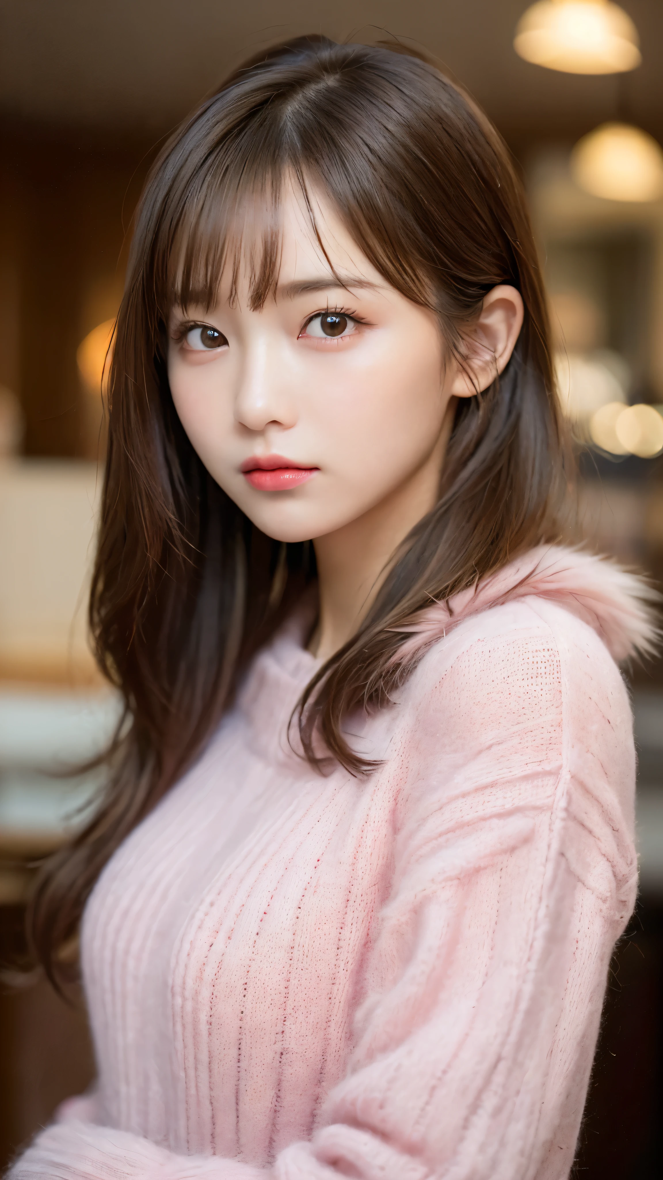 (masterpiece:1.5)、(realistic:1.5)、(highest quality:1.4、8K、RAW photo)、 ultra high resolution、professional lighting、perfect dynamic composition、Photographed at an antique and stylish cafe、 film grain、chromatic aberration、(Bokeh:1.1)、 Frank、Sophisticated、charm、超realistic、high detail、golden ratio、 (1 girl)、slender girl、繊細でcharm女の子、cute woman:1.4、 serious expression、looking at the viewer、sculpture installation、light brown hair、shining hair、Hair style is ponytail、 skin that looks real、 close your mouth、fine eyes、double eyelid、thin arms、(wearing a pink fur sweater:1.3)