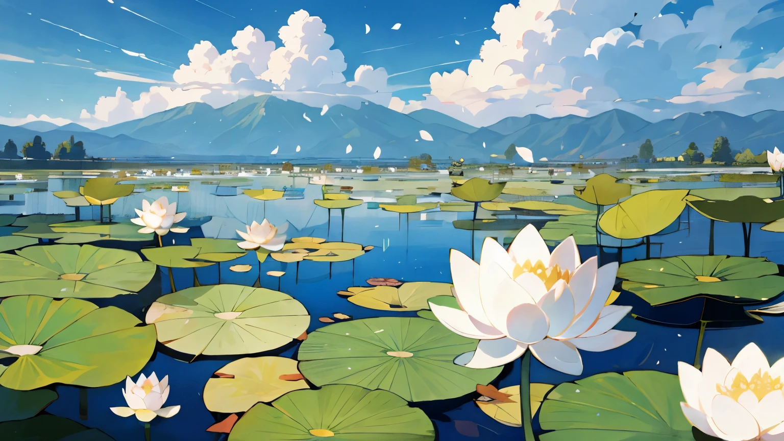 pond,Super Lotus,lotus leaf,The background is mountains,cloud,Petals and bubbles are flying. --v6