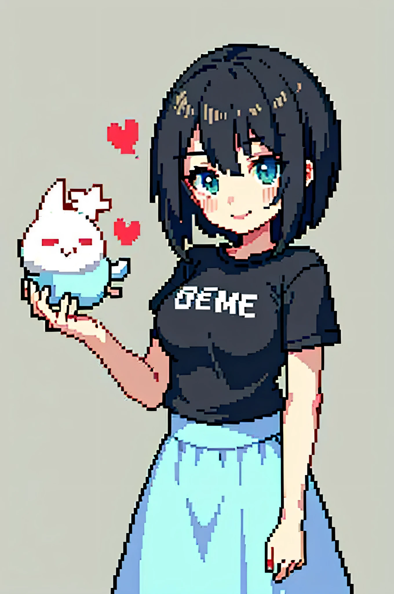 pix, pixelart, cute woman with meidum tits,1 black,cute t shirt, ssmile,The background is random town,