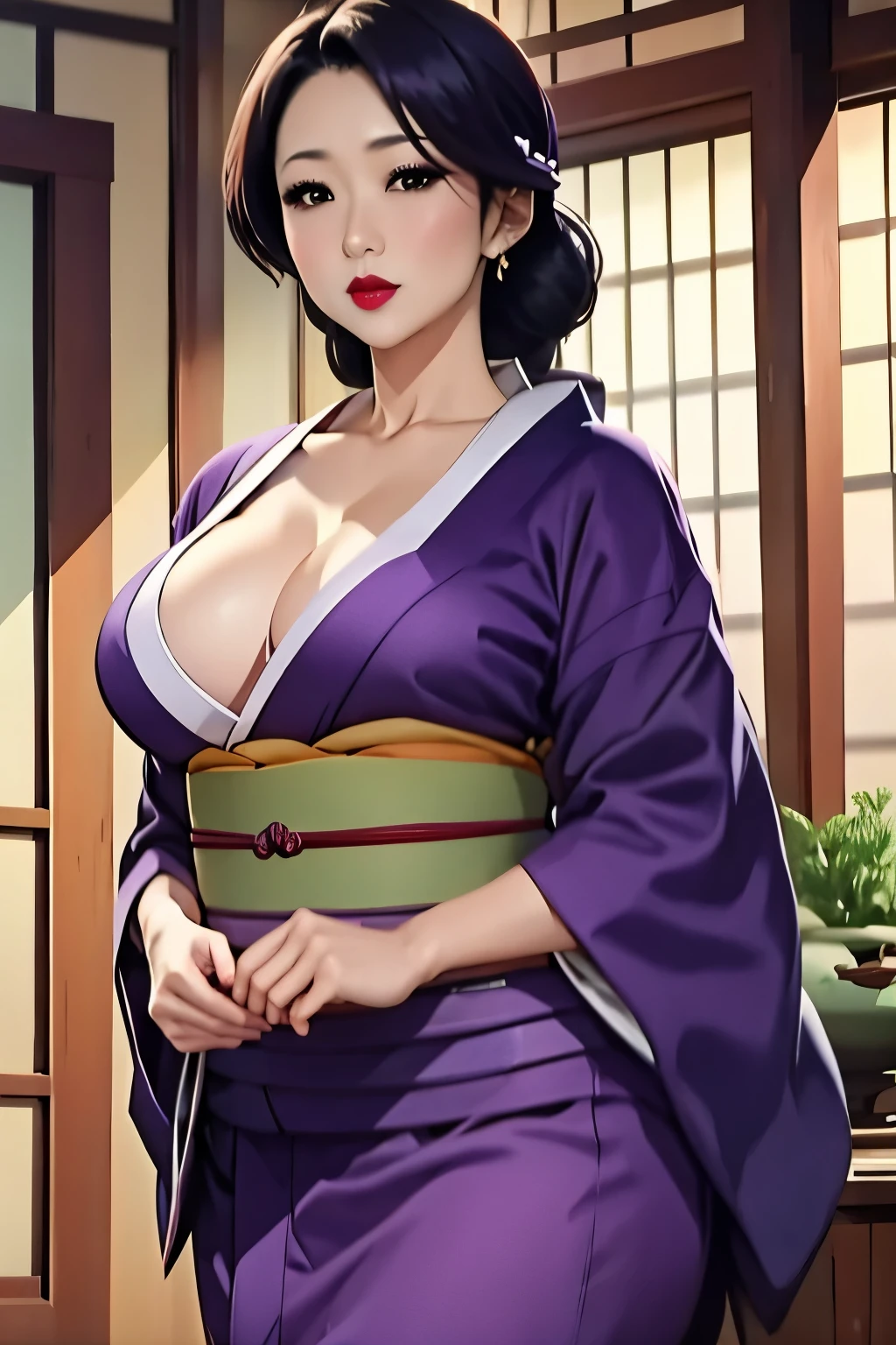 (masterpiece, best quality:1.2),Sumie Takayanagi,kimono,red lips,purple kimono,4k,