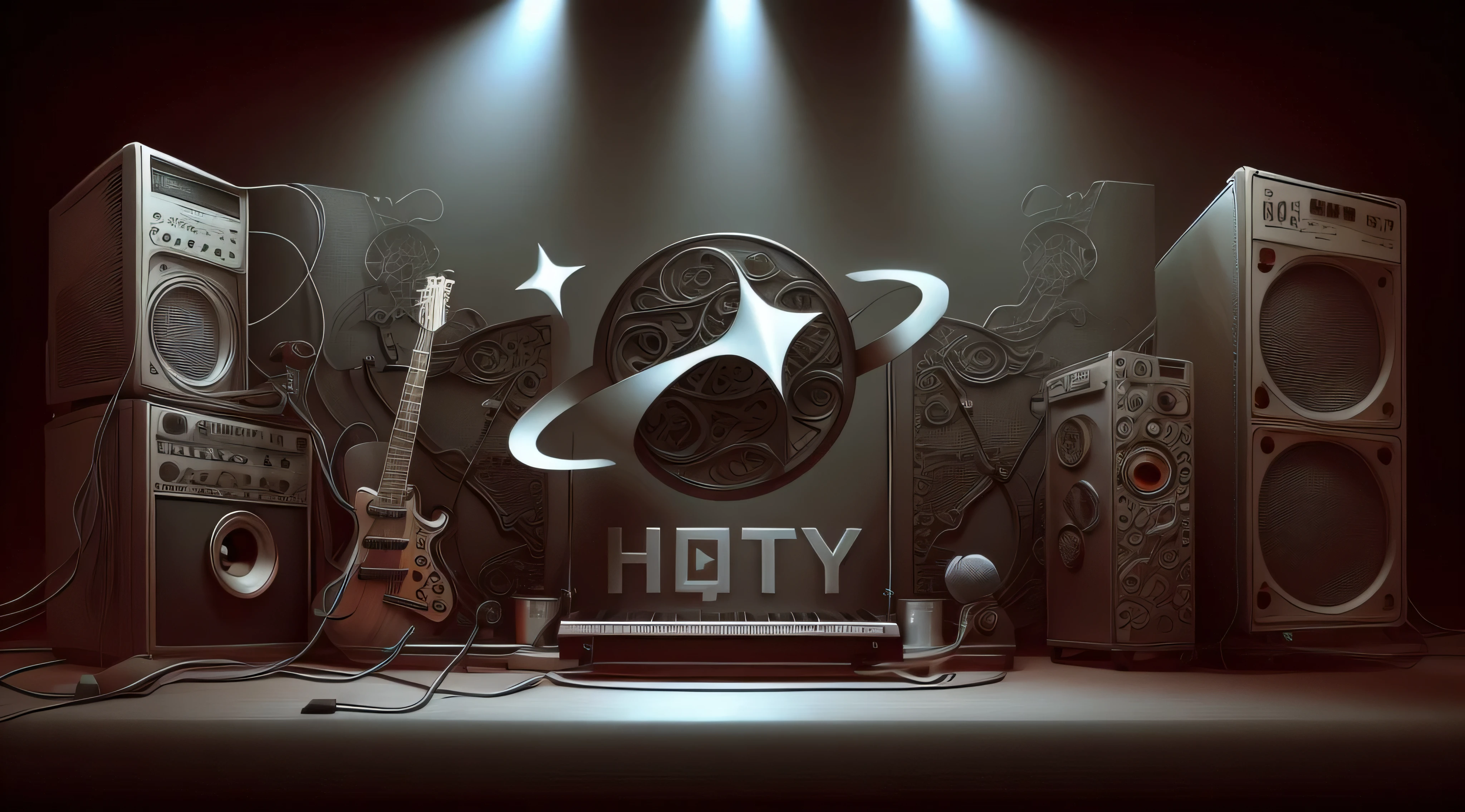 simple background,masterpiece,best quality,super detailed,microphone,Small stage,band,microphone,guitar,Drum kit,vocal,keyboard,Dark pattern