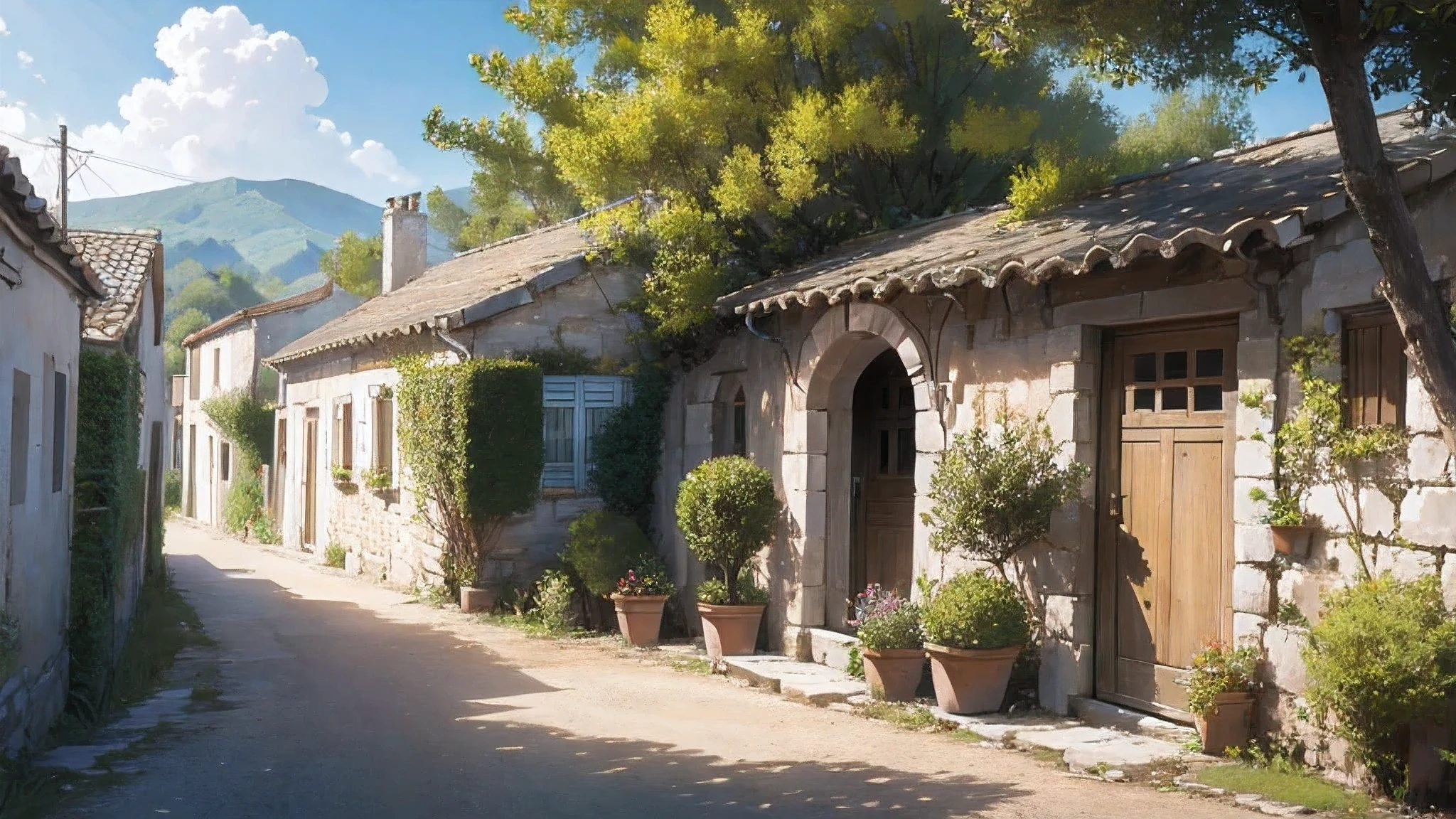 Landscape of ancient Greek village buildings, village entrance, bocage,