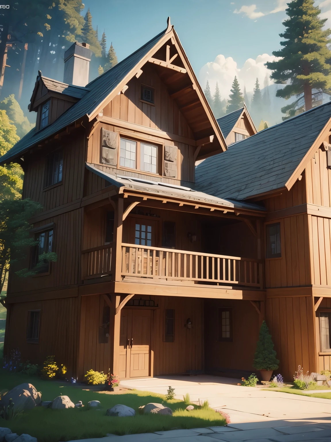 ((masterpiece、very detailed、CG Unity 8k、best quality、very detailed：1.2))、(Top quality: 1.2)、 The exterior of the house、Nordic-style house、(best illustrations)、 (beautiful lighting)、Isometric 3D、octane rendering、ray tracing、Super detailed、fairy tale、Cartoon、Cartoon design style、Beautifully detailed digital art, In a Sweet Earth Style House、movie、Super detailedなレンダリング、fantastic world housing 、 2D game isometric camera view