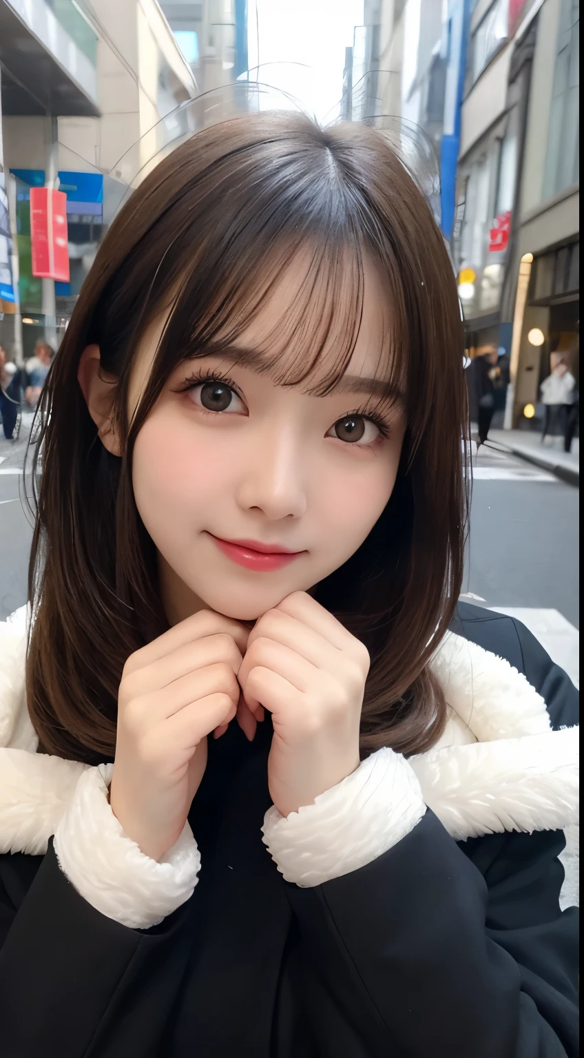 table top, highest quality, shape, Super detailed, finely, High resolution, 8k wallpaper, 完璧なダイナミックな構shape, beautiful and detailed eyes, tokyo trend冬ファッション,tokyo trend&Introducing cute hairstyles at random, small breasts, natural color lip, random sexy pose,cute smile,20 year old girl、beautiful and detailed face、perfect and beautiful face,Big eyes、Wear fluffy black outerwear with fur、beautiful detailed face、perfect and beautiful double eyelids、blur the background、perfect and beautiful face、Feminine poses、blur the background、slim face and style、blur background