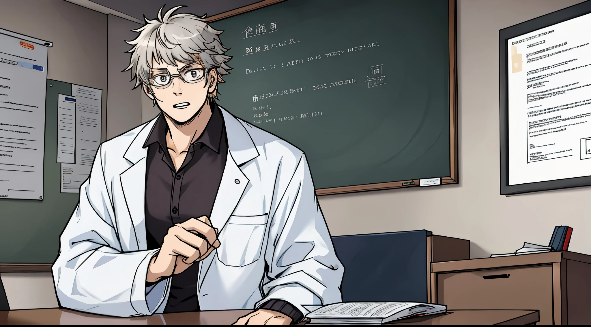 Silver haired teacher wearing lab coat and medical glasses, he looks scared