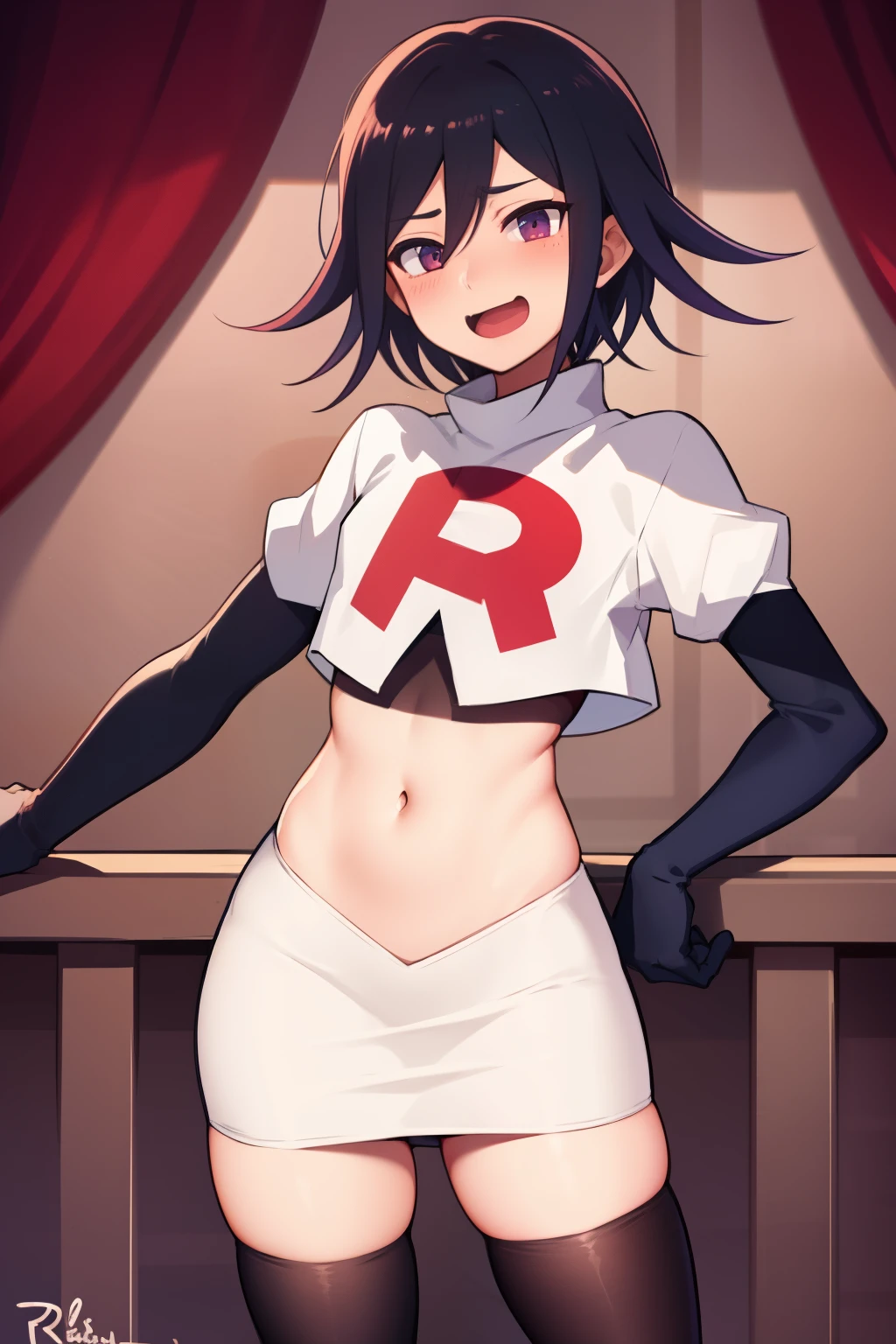 absurdres, cowboy shot, solo, male focus, trap, 1boy, crossdressing,1boy, oma kokichi, team rocket,team rocket uniform,white skirt,red letter R,crop top,black thigh-highs,black elbow gloves, evil laugh, blush