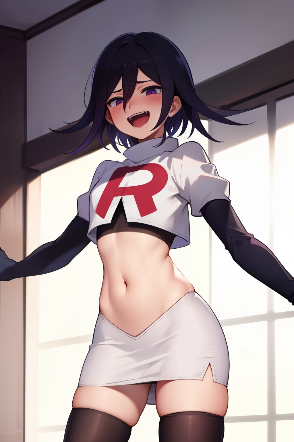 absurdres, cowboy shot, solo, male focus, trap, 1boy, crossdressing,1boy, oma kokichi, team rocket,team rocket uniform,white skirt,red letter R,crop top,black thigh-highs,black elbow gloves, evil laugh, blush