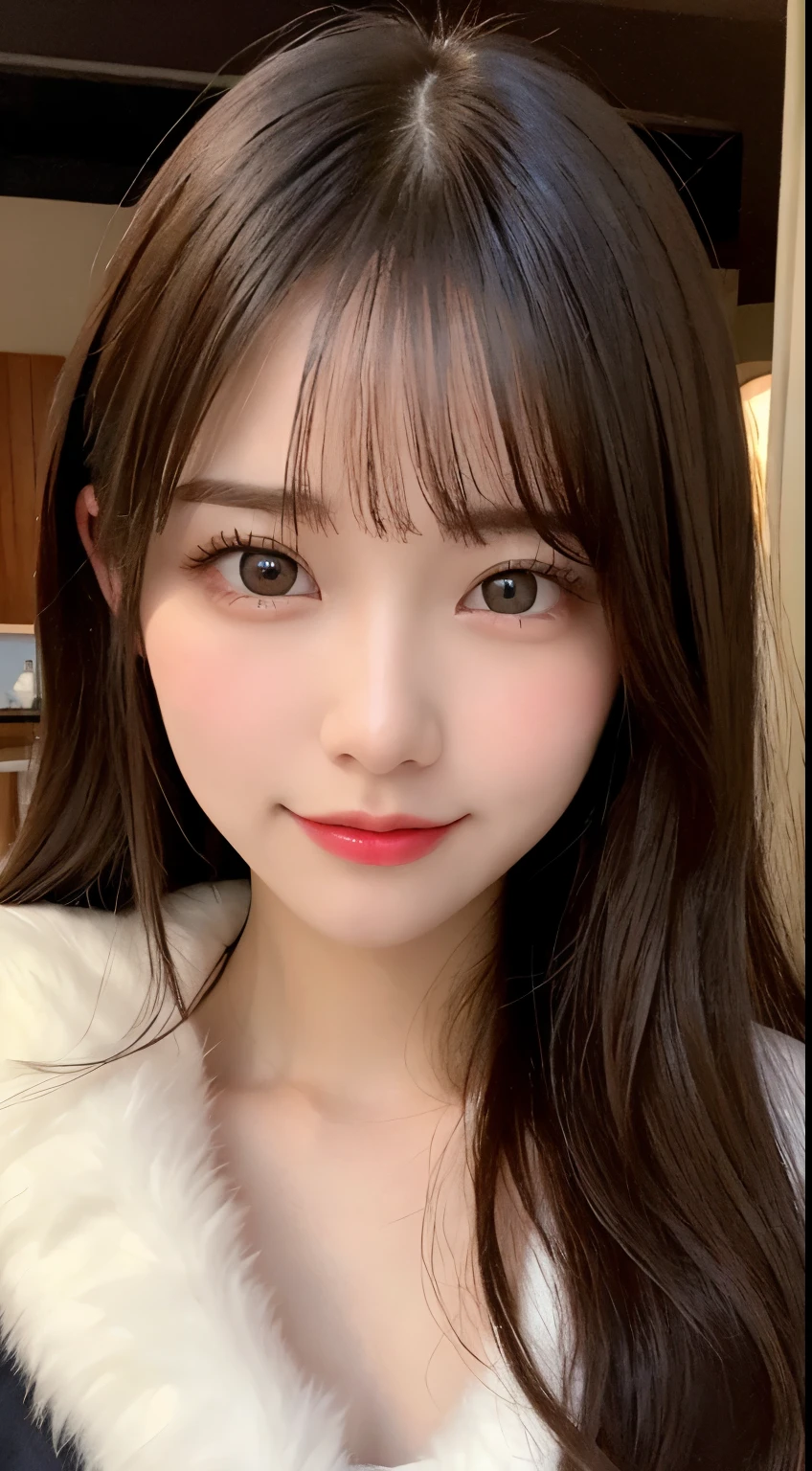 table top, highest quality, shape, Super detailed, finely, High resolution, 8k wallpaper, 完璧なダイナミックな構shape, beautiful and detailed eyes, tokyo trend冬ファッション,tokyo trend＆Introducing cute hairstyles at random, small breasts, natural color lip, random sexy pose,cute smile,20 year old girl、beautiful and detailed face、perfect and beautiful face,Big eyes、Wear fluffy black outerwear with fur、beautiful detailed face、perfect and beautiful double eyelids、blur the background、perfect and beautiful face、Feminine poses、blur the background、Luxury Apartment（living room）